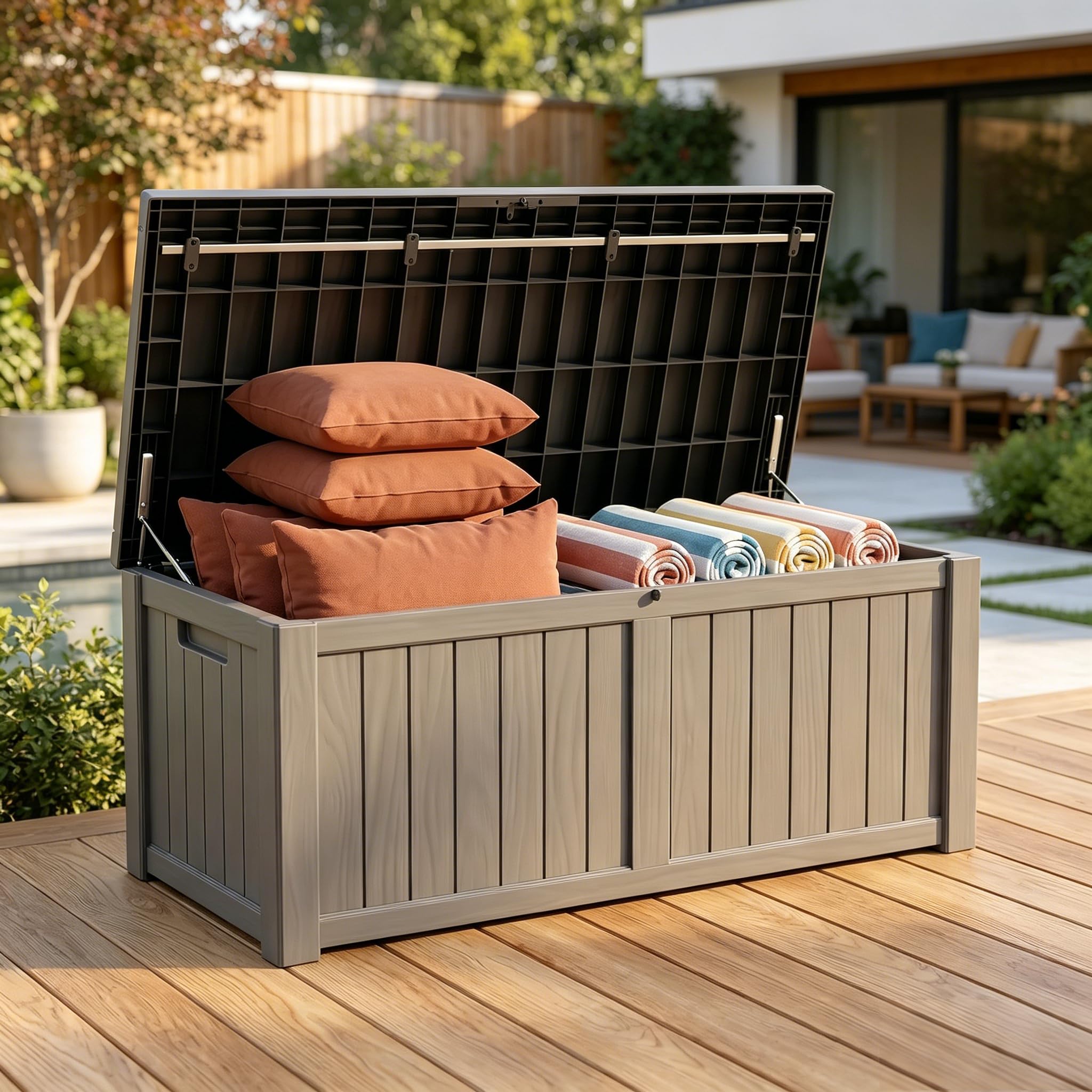 121 Gallon Resin Deck Box for Patio – Outdoor Storage Chest for Patio Furniture Cushions, Garden Tools, Pool Accessories – Lockable, Waterproof, All-Weather, Wood Grain Design, Easy Assembly