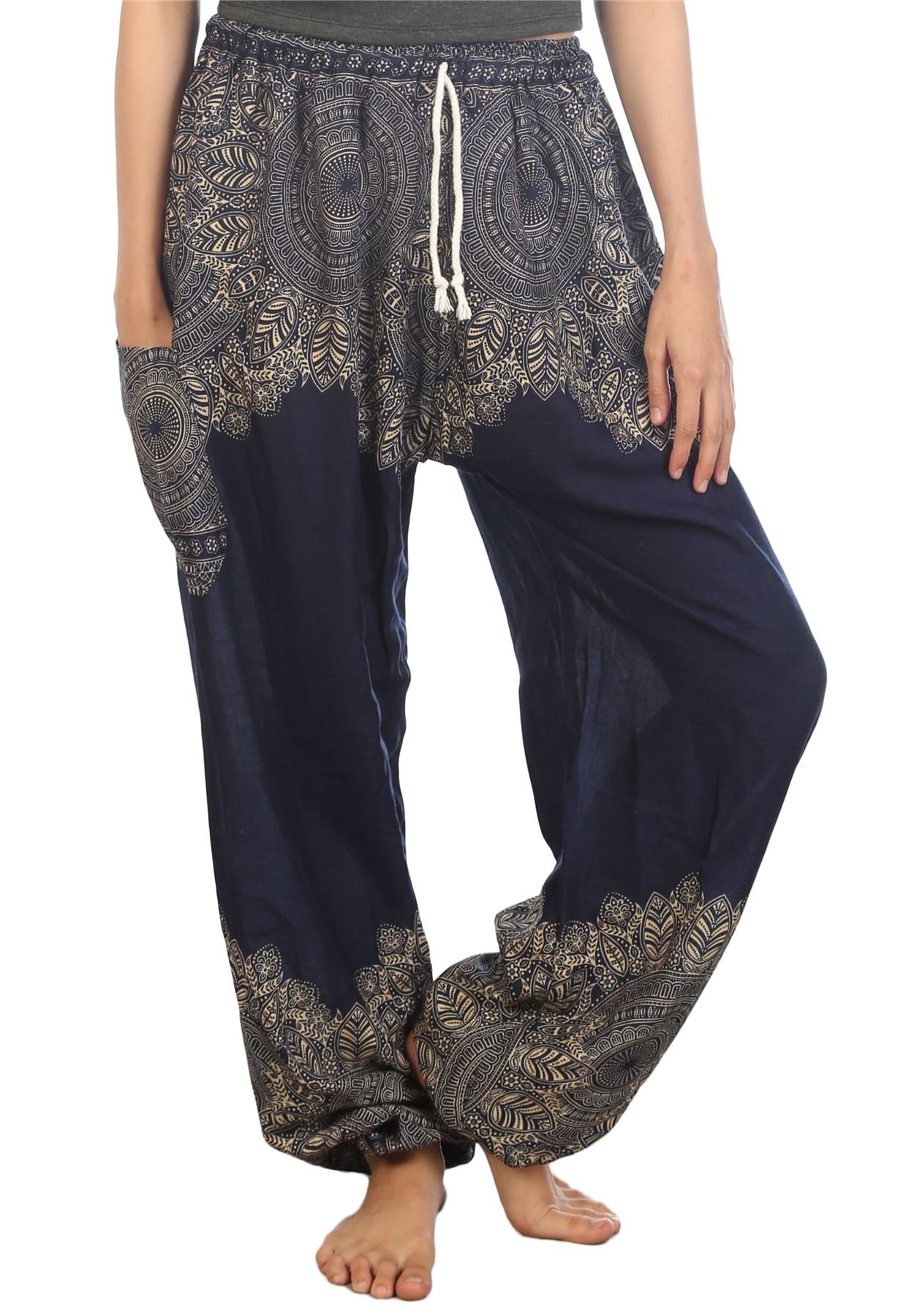 Lofbaz Women's Peacock 2 Drawstring Harem Boho Pants Dark Blue 3XL