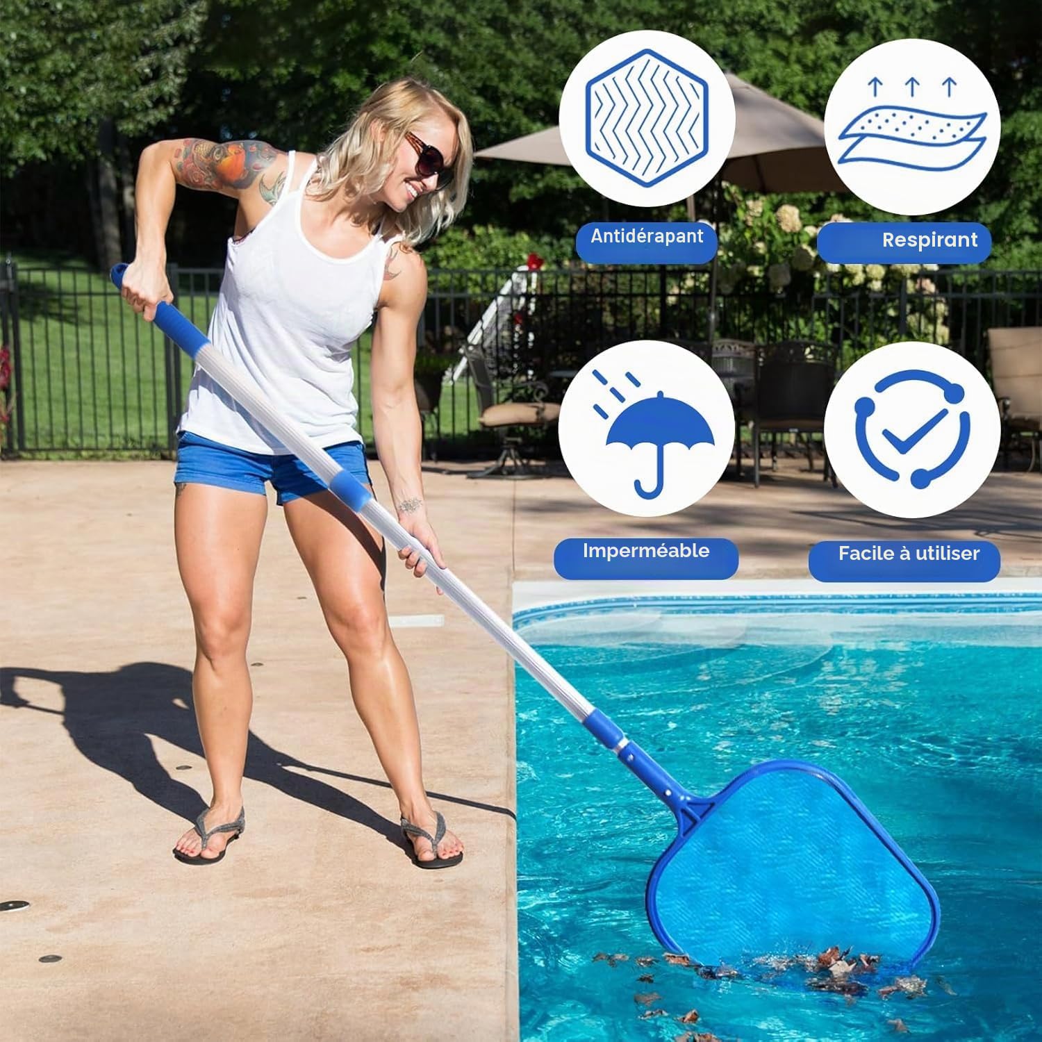 Kit de Piscine Nettoyage, Épuisette de Surface Piscine et Epuisette Piscine Fond, Filet de Piscine Maille Fine avec Manche Télescopique en Aluminium, pour Piscines, Spas, Fontaine, Étang