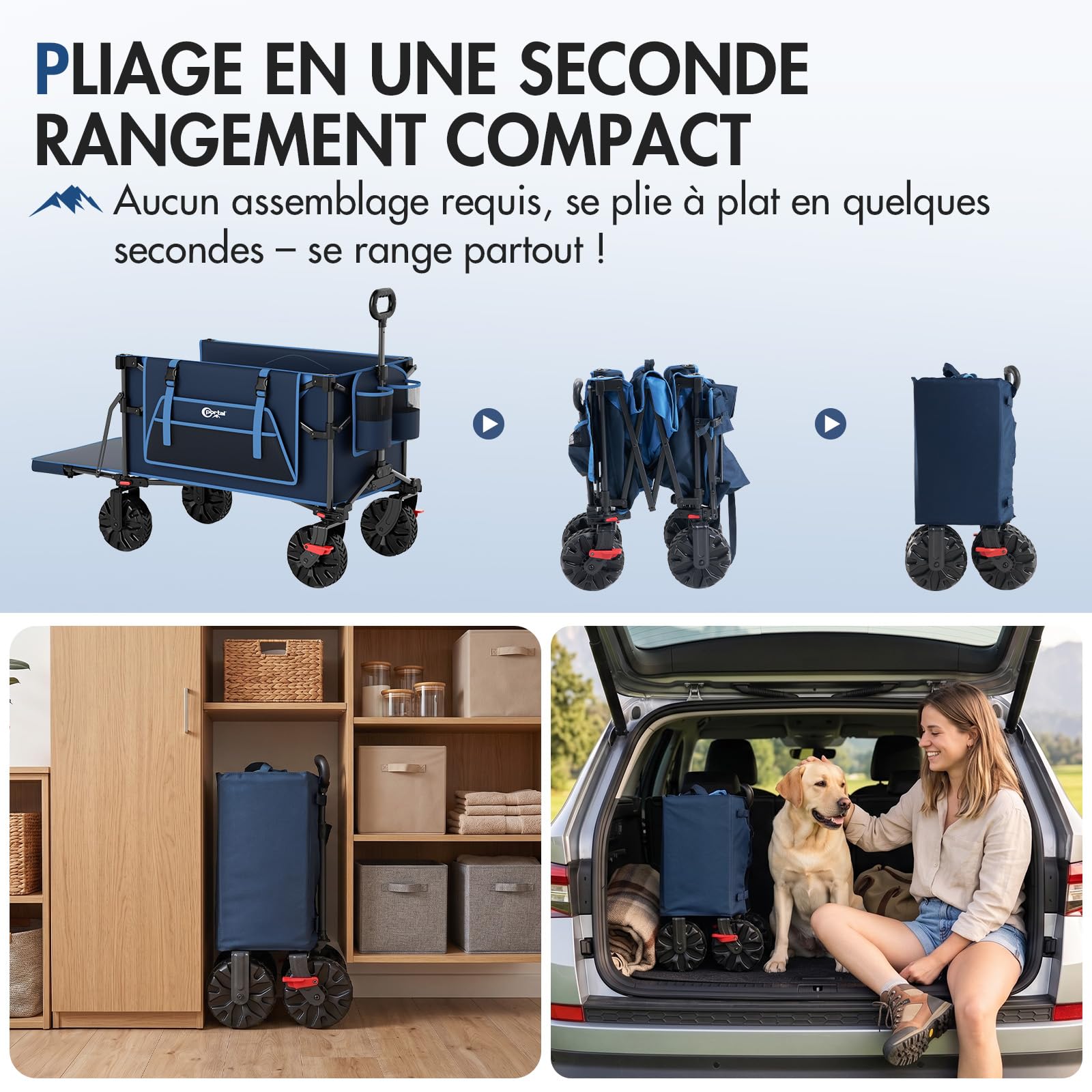 Portal Chariot de Transport Pliable XXL 400L Capacité 210kg avec Hayon Rabattable Roues Tout Terrain 360° Frein Double Poignée Réglable Idéal pour Jardin Plage Camping et Courses