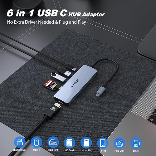 Miniatura 5 de Hub USB C 6 en 1, adaptador USB C de doble pantalla, dongle USB C para portátil con HDMI 4K, 100W PD, USB 3.0, SDTF, concentrador multipuerto para