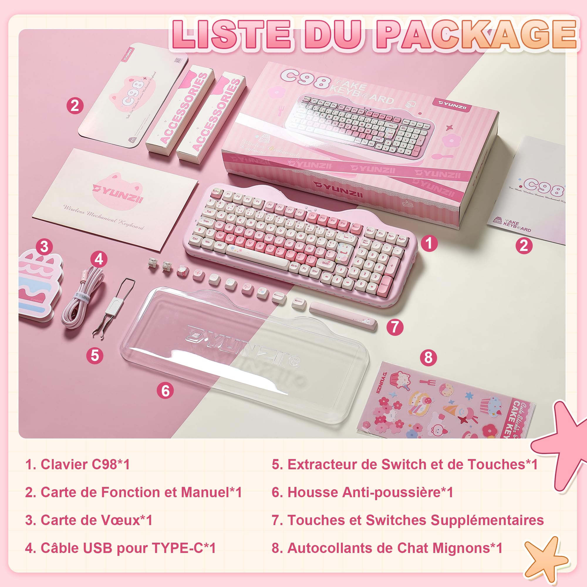 YUNZII C98 AZERTY Clavier Gamer Mécanique sans Fil Gâteaux (Rose, Milk V2)