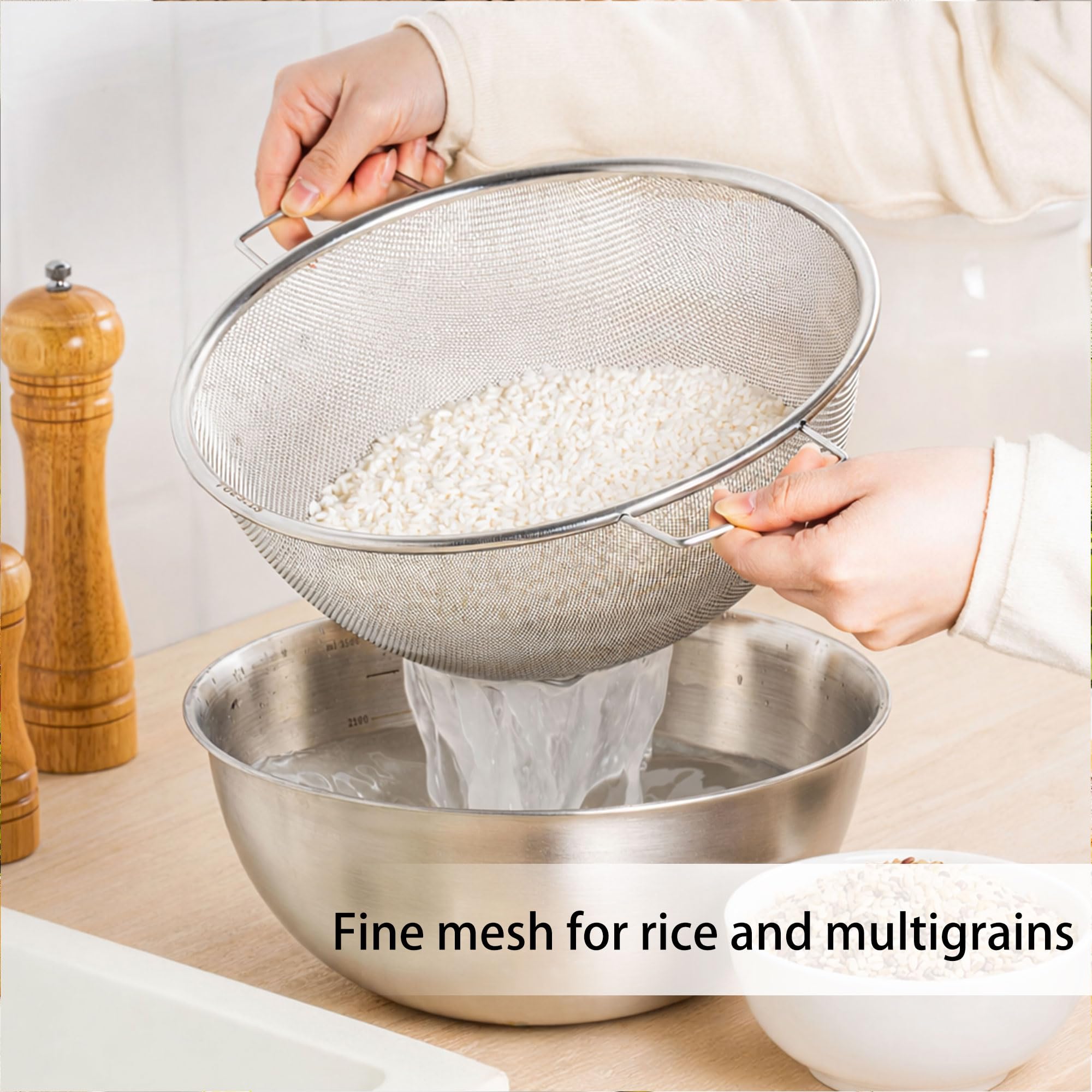 Mikroporöses Sieb, 304 Edelstahl, 3,5 l, großes Fassungsvermögen, mit Rührschüssel, zum Waschen von Gemüse, Obst und Reis und zum Abtropfen von gekochten Nudeln (2 Stück) (wahre Farben)