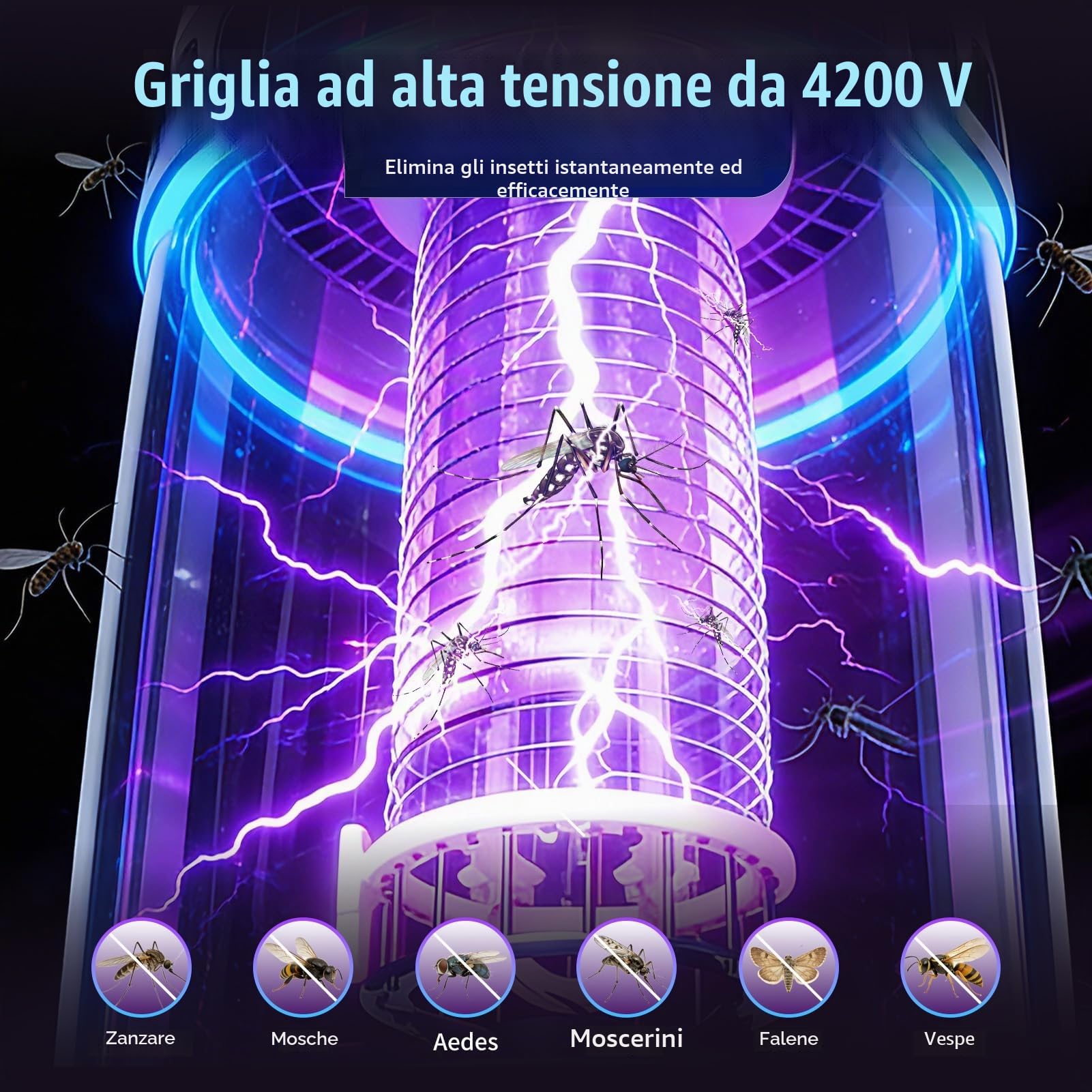 Lampada Antizanzare Elettrica Silenziosa con Luce Notte, Zanzariera UV Ricaricabile 4000mAh con Luce UV 365nm per Attrazione e Eliminazione Completa delle Zanzare (Scuro)