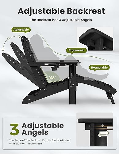 Miniatura 5 de Ciokea Silla plegable Adirondack con silla otomana retráctil para patio con reposapiés extraíble, resistente a la intemperie, silla de salón para