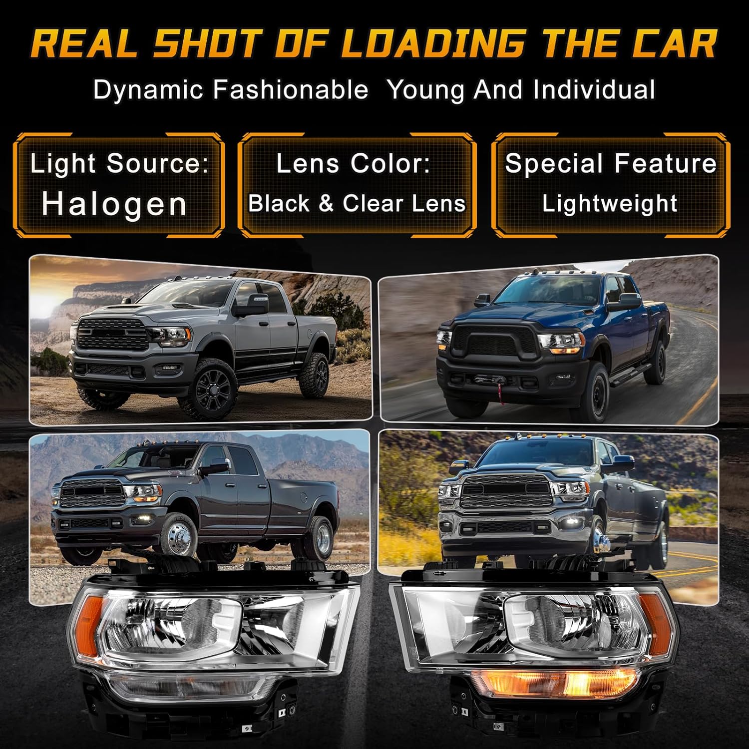 Chrome Halogen Headlights Assembly Compatible with 2019 2020 2021 2022 2023 2024 Dodge Ram 2500 3500 With bulb Left Driver Side Headlamp OE CH2502334 68360177AE 68360177AD