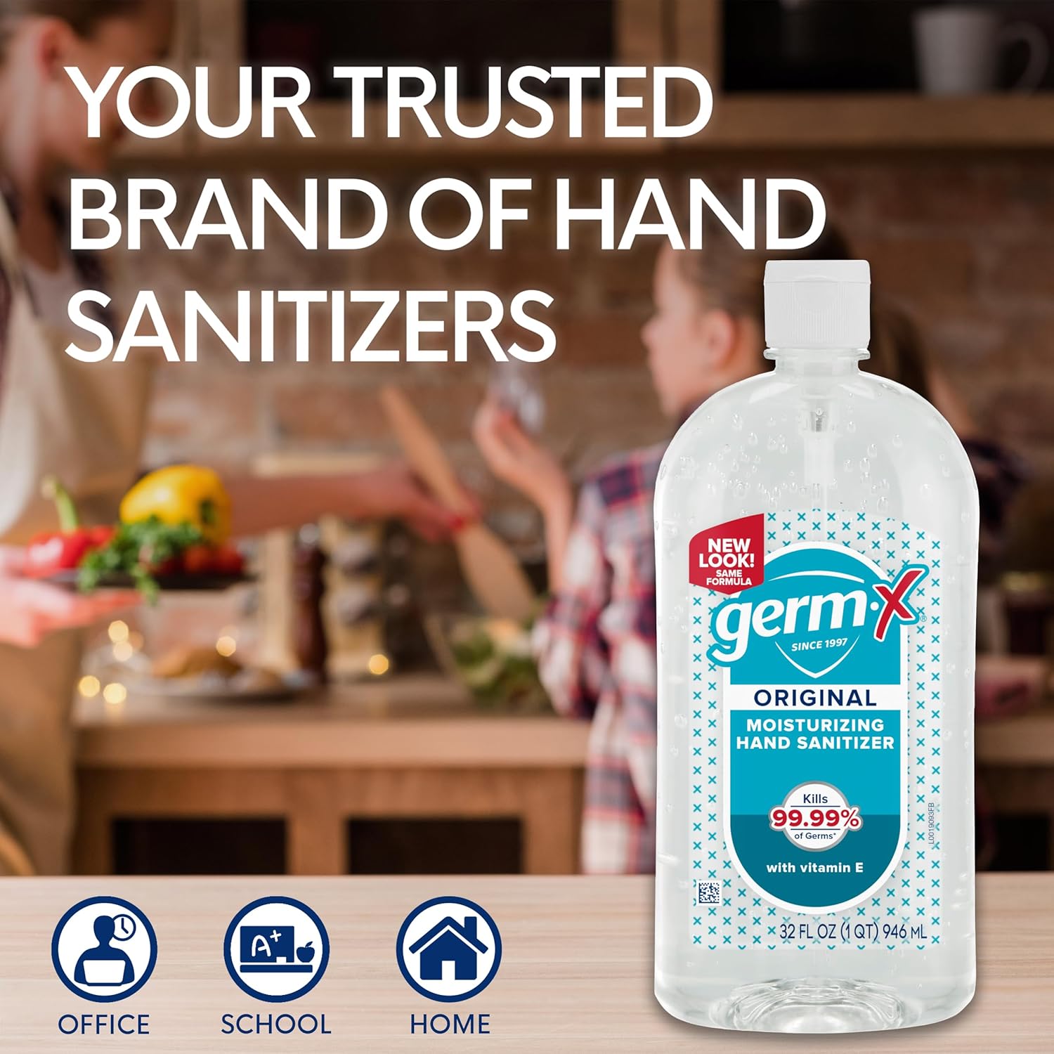 Germ-X Original Hand Sanitizer, 32 Fl Oz (Pack of 4), Less Drying Moisturizing Gel with Vitamin E, No Rinse Formula, Large Family-Size Flip Top Bottle