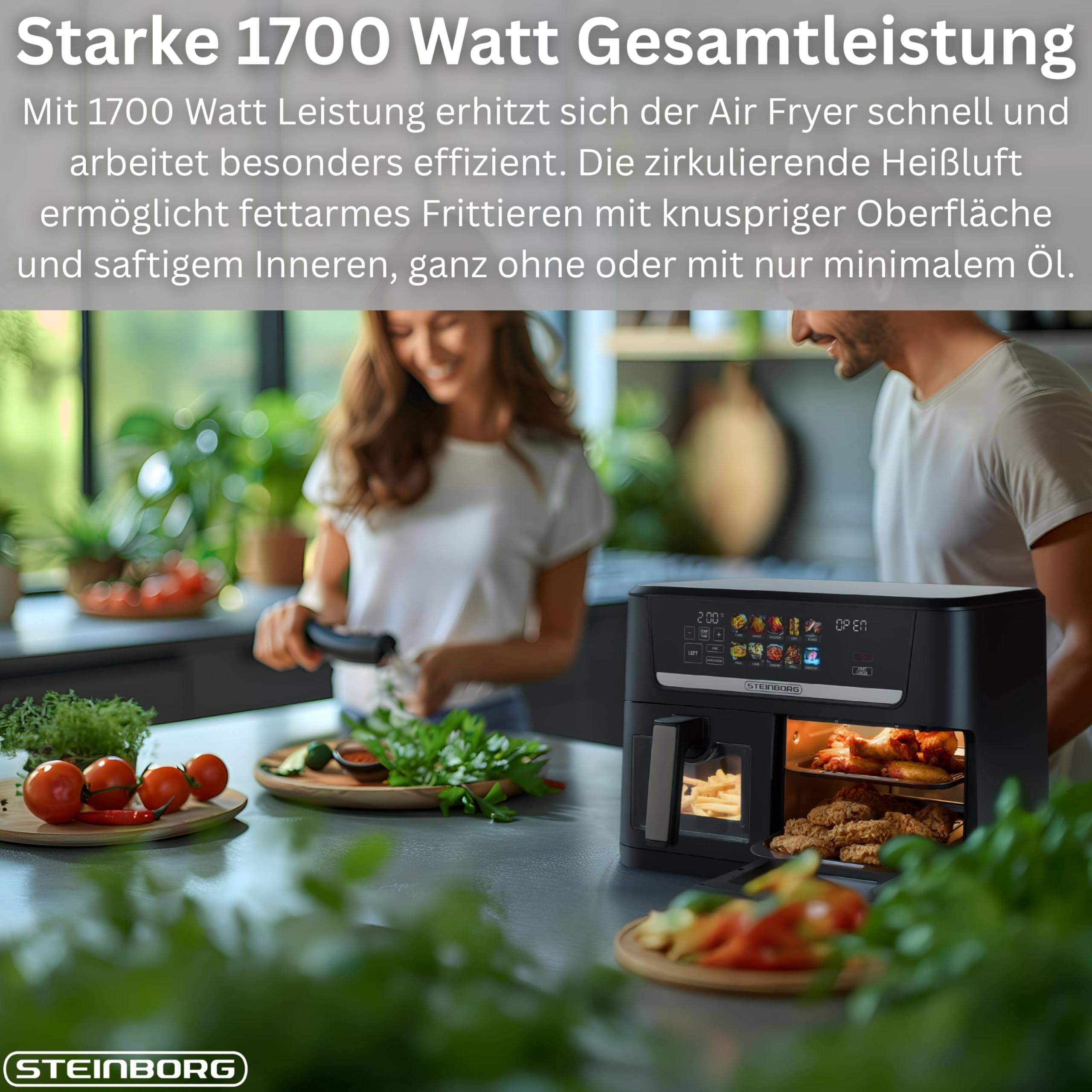 Steinborg® XXL Dual Zone frytkownica na gorące powietrze, 14 litrów (8 l + 6 l), 1700 W, z 2 komorami i 2 niezależnymi strefami gotowania, cyfrowy wyświetlacz, 10 programów w temperaturze 60–200°C