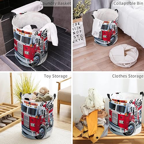 Miniatura 4 de LiDU Cesta de lavandería plegable de 17 pulgadas, cesta de ropa impermeable para camión de bomberos rojo, para baño, dormitorio, sala de estar,