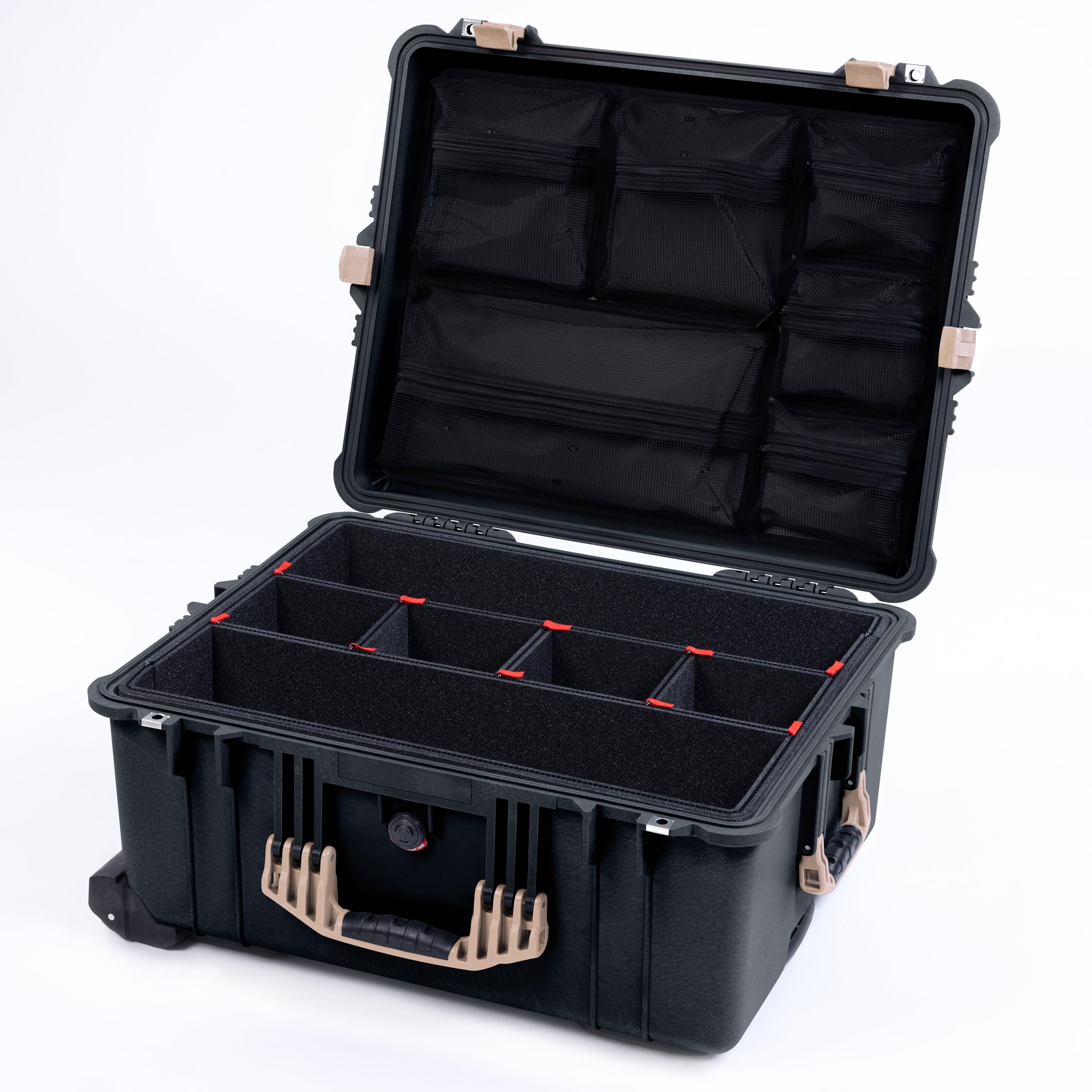 Pelican 1610 Case by ColorCase - Black - Large Sized Waterproof Case with TrekPak Divider System & Mesh Lid Organizer - Desert Tan Handles & Latches