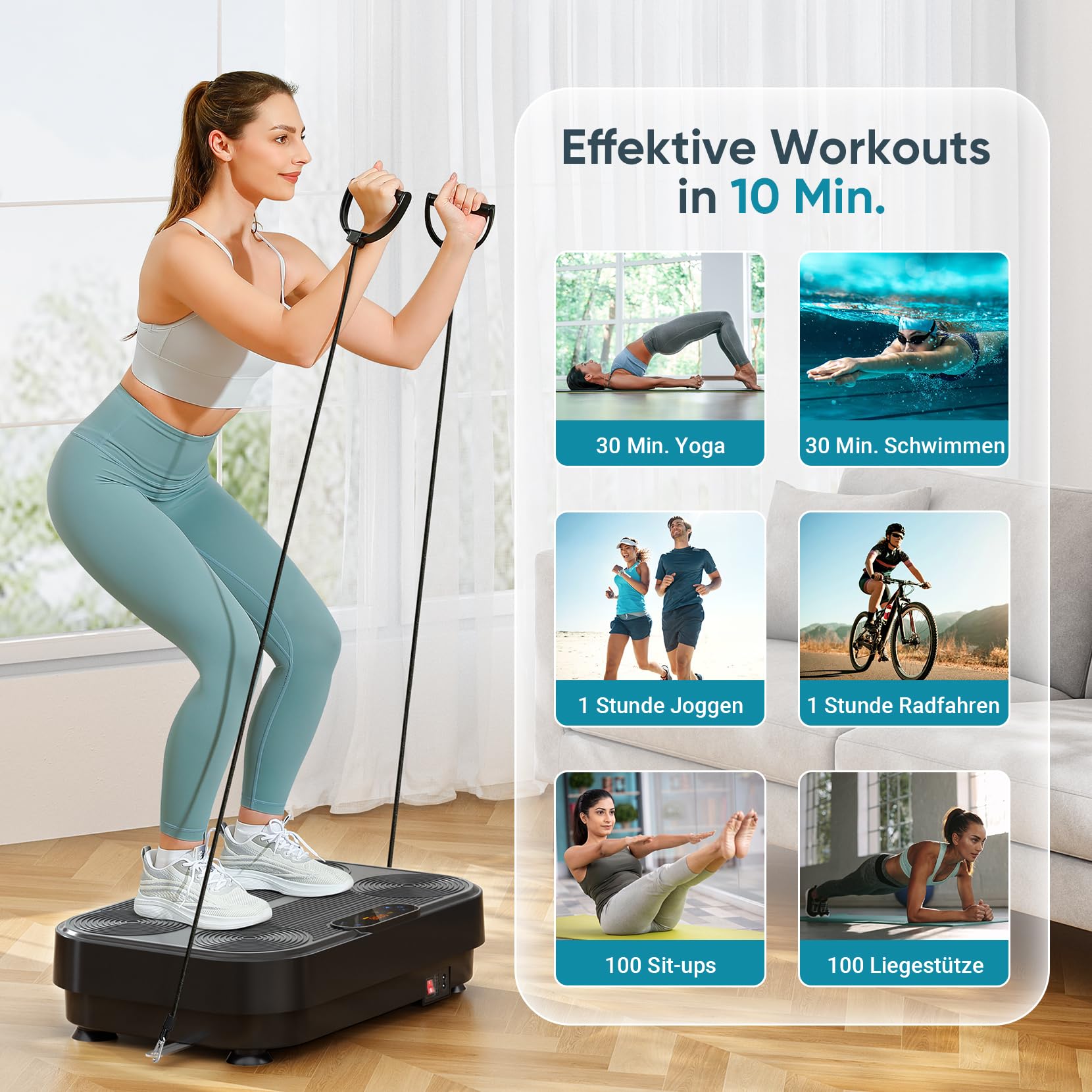 THERUN Vibrationsplatte, Rüttelplatte für Zuhause mit 99 Vibrationsstufen, Fitnessgerät für Muskelaufbau, Fettverbrennung & Ganzkörpertraining, inklusive 4 Fitnessbänder