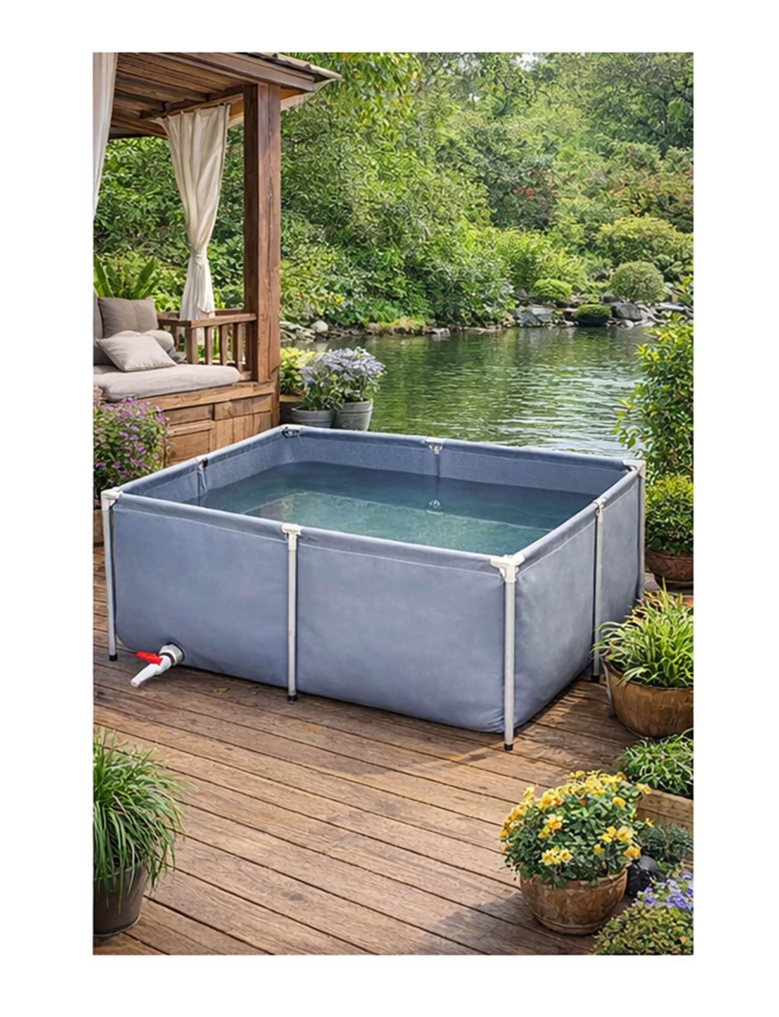 Grande stagno per pesci fuori terra, piscina in tela di PVC spessa con telaio in acciaio zincato, contenitore per acquario all'aperto per koi e stoccaggio dell'acqua