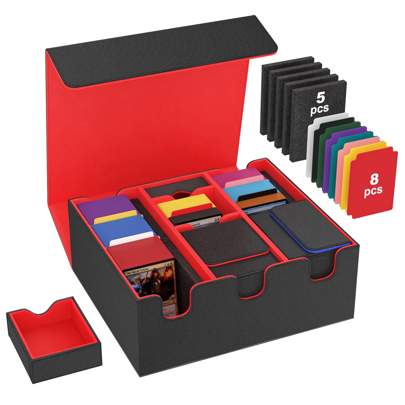 MoKo Card Storage Box for Trading Cards, 2200+ MTG Deck Box with 8 Colorful Divider Tabs & 5 Sponge Pads, Trading Card Storage Fit for Magic Game Cards, Holds 5 Commander Deck Box (Black & Red)