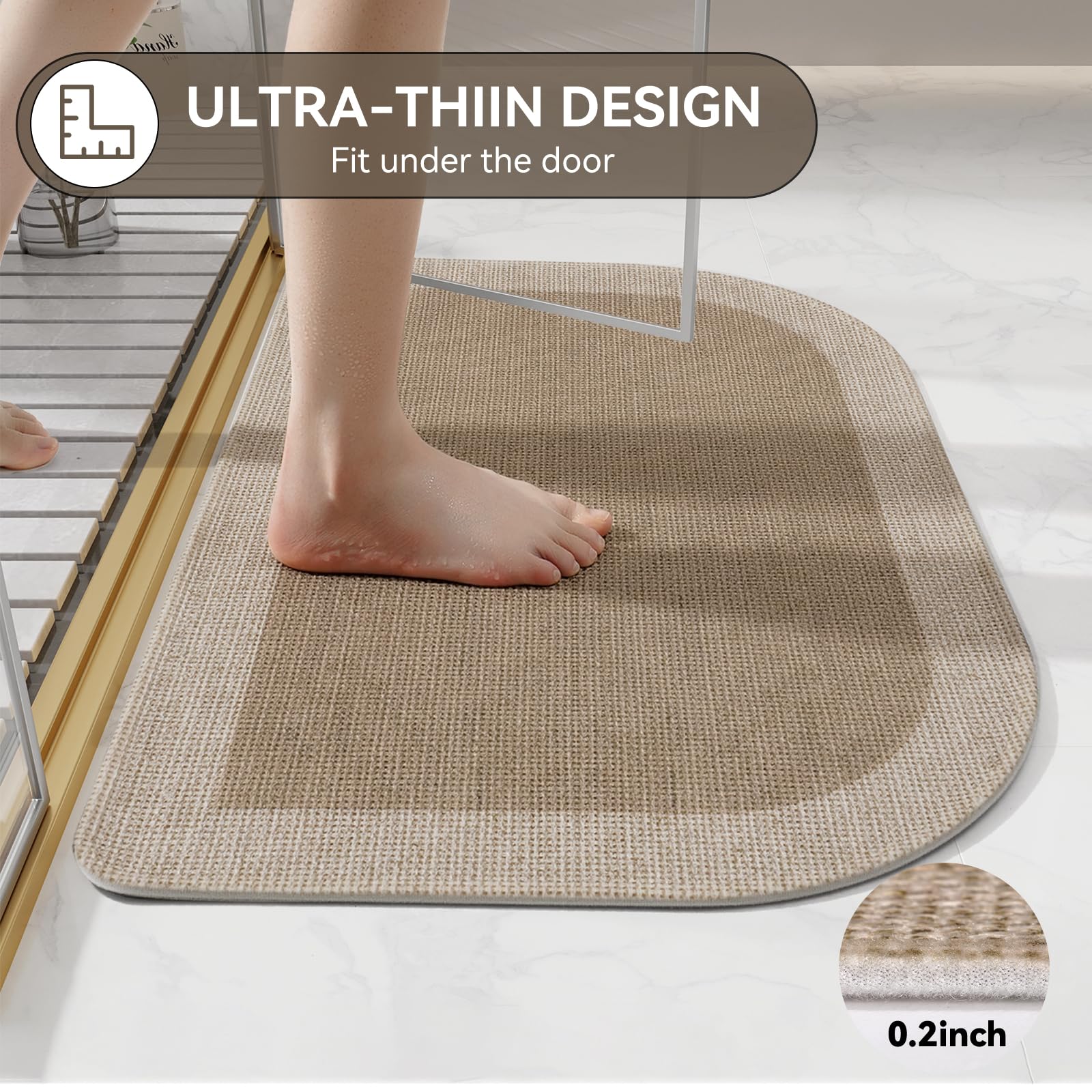 YDKGL Half Circle Bath Mat,Thin Bathroom Rugs Fit Under Door Quick Dry Non Slip Washable Bathroom Mat with Rubber Backing,Absorbent Woven Half Round Shower Rug, Brown Beige 16x24