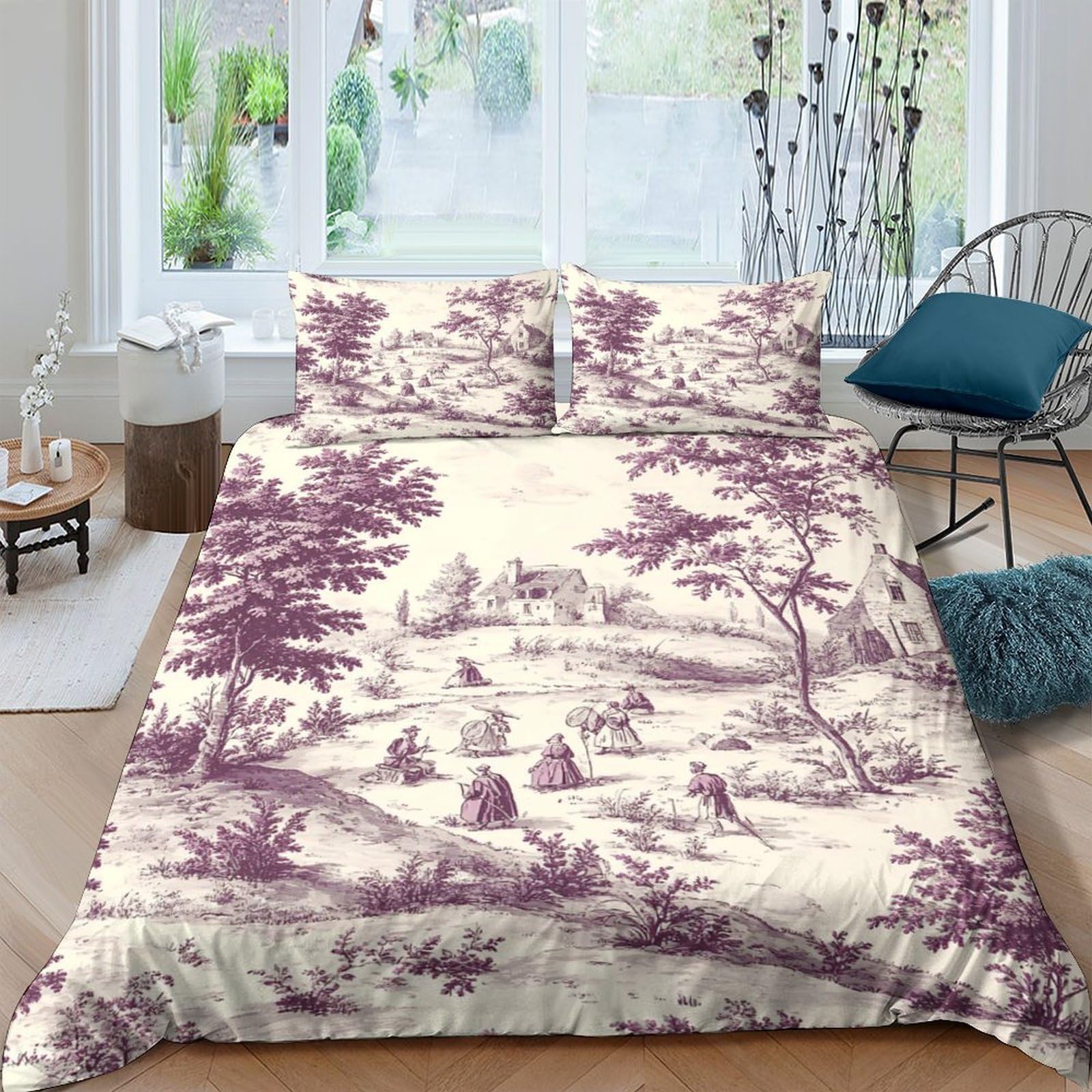 GPLZQXKJNH 3D Printed Vintage Pastoral Scene Duvet Cover Microfiber Soft Breathable Toile de Jouy Bedding Set with 2 Pillowcases for Bedroom Decor Single（135x200cm）