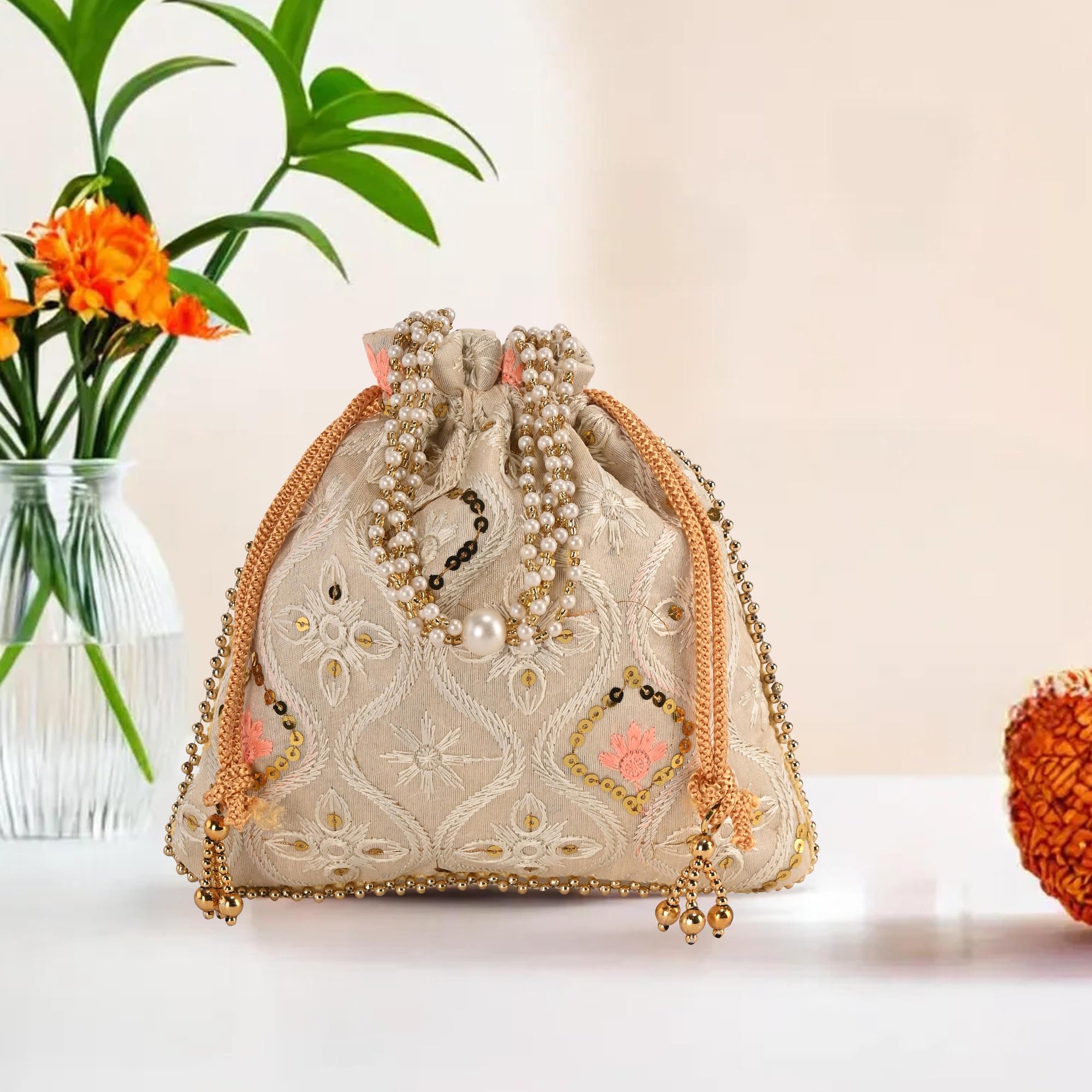 Kuber Industries Embroidery Potli Bags for Women with Pearl Handle & Drawstring | Indian Ethnic Potli Bags for Ladies for Wedding | Wrist Handbag Purse Batwa | Lakhnavi Print - Cream