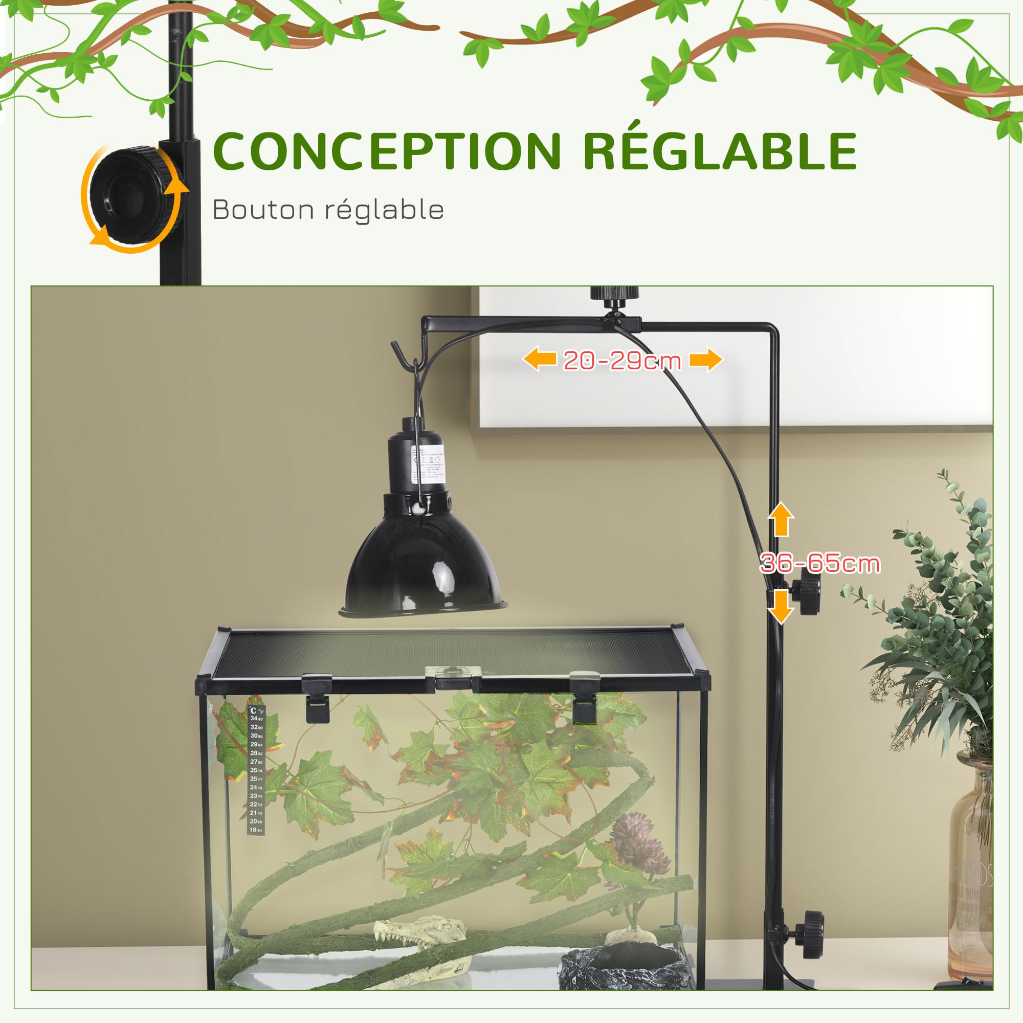 PawHut Support de lampe chauffante pour reptiles, réglable, 32 x 9 x 67 cm, noir