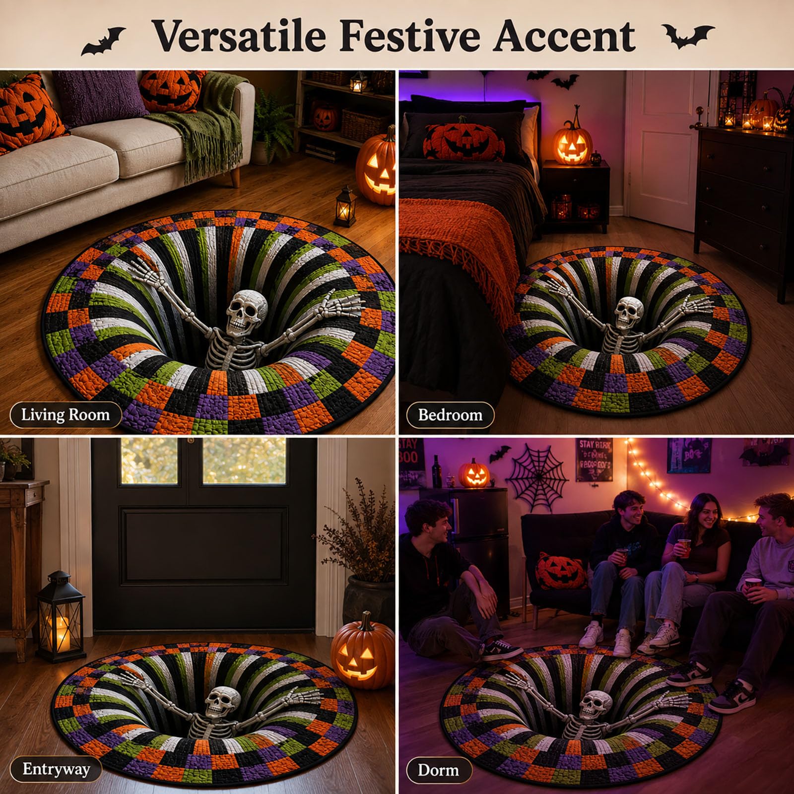 Tappeto 3D con Scheletro e Illusione Ottica Senza Fondo, Decorazioni spettrali 3D per la casa in Occasione di Halloween (6,A)