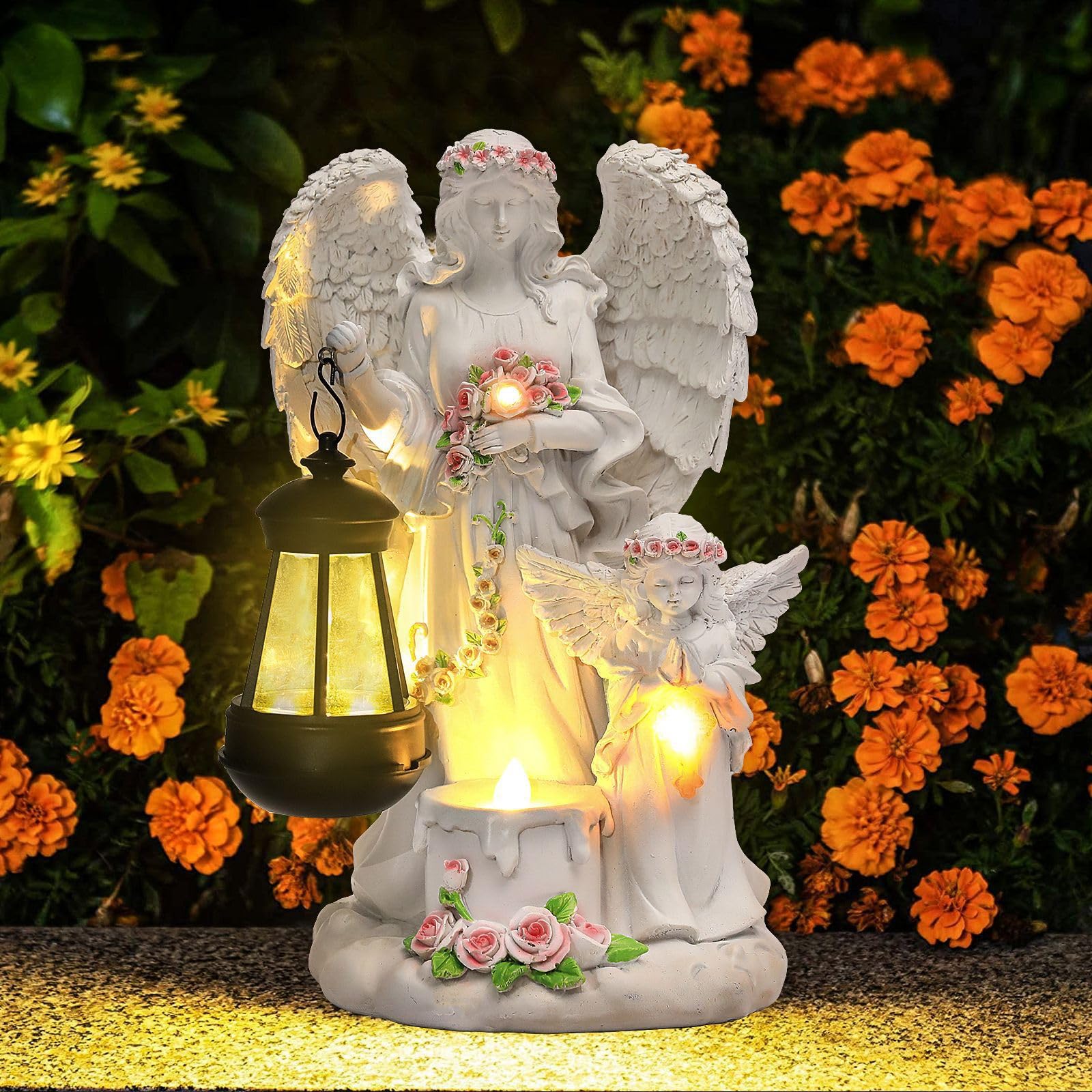 Estatuas de ángel solar para jardín, figura de ángel de la guarda con farolillo solar LED, decoración para exteriores, resistente a la intemperie, decoración para cementerio, escultura de