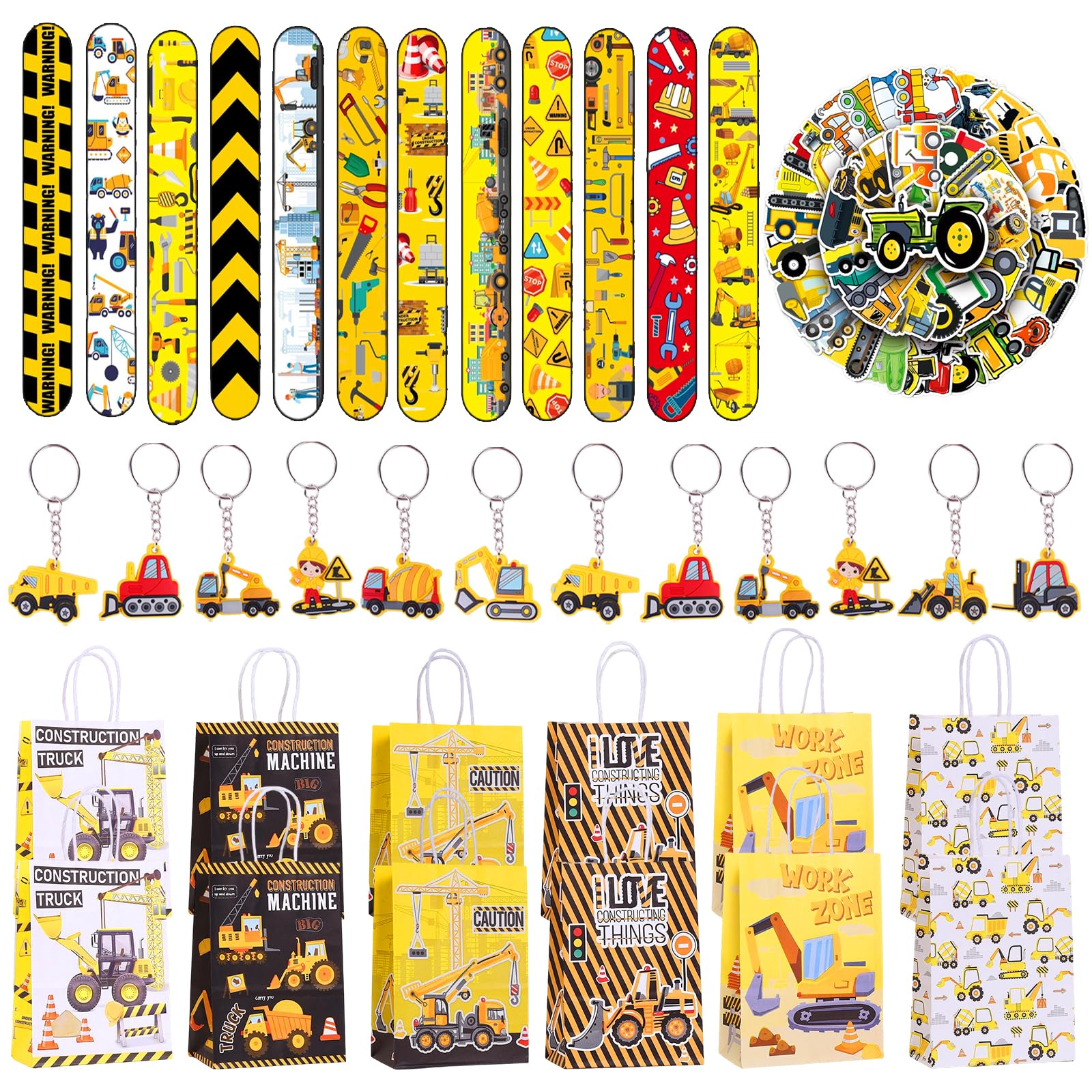 86 pezzi per cantiere, feste di compleanno, escavatore, accessori per feste di compleanno, 12 braccialetti Slap, 12 sacchetti regalo, 12 portachiavi, 50 adesivi per bambini, ragazzi e ragazze