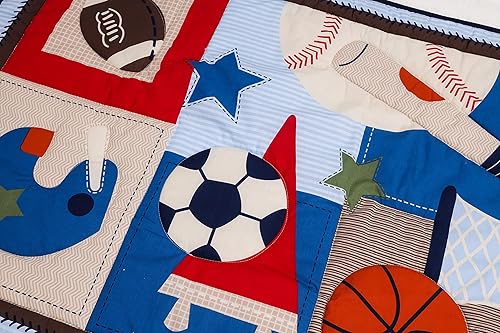 Miniatura 3 de Juego de ropa de cama de 3 piezas para cuna deportiva azul para bebé niño, juego de ropa de cama con temática deportiva, 1 edredón, 1 sábana bajera,