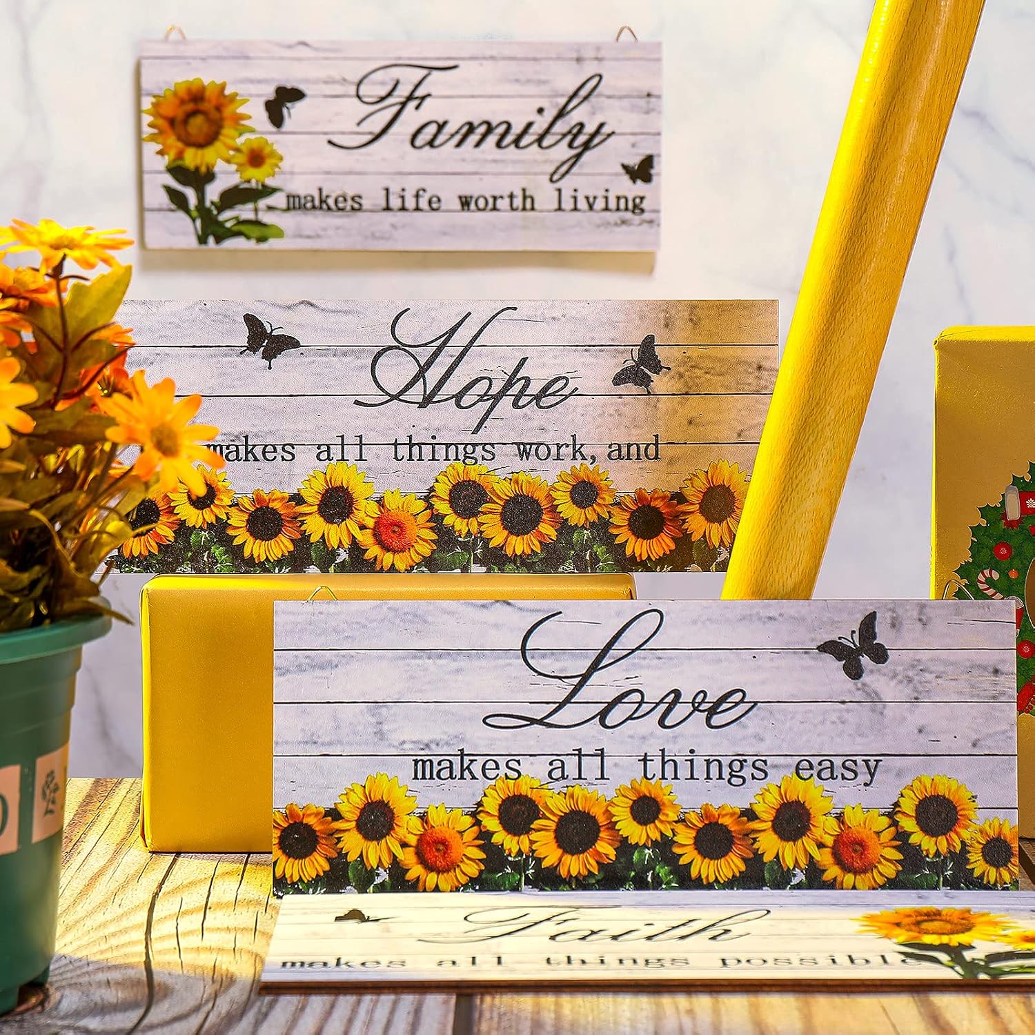 4 Pieces Sunflower Wall Decor Sign Farmhouse Family Faith Hope Love Wall Decor Inspirational Hanging Wood Wall Art Plaque Rustic Wooden Wall Sign with Saying for Bedroom Home Living Room Decoration