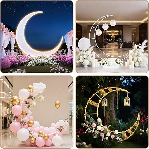 Miniatura 8 de Soporte de arco de boda de luna creciente, arco de boda de acero al carbono, marco de globo de flores curvadas con base rectangular para bodas,