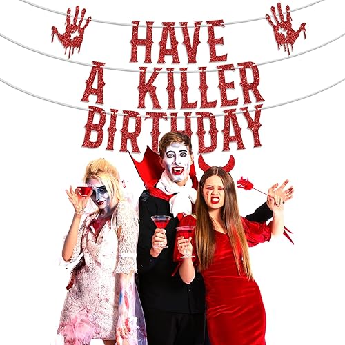 Miniatura 4 de Cartel de cumpleaños con temática de terror de Halloween, decoración de fiesta de viernes 13 para niños, purpurina negra