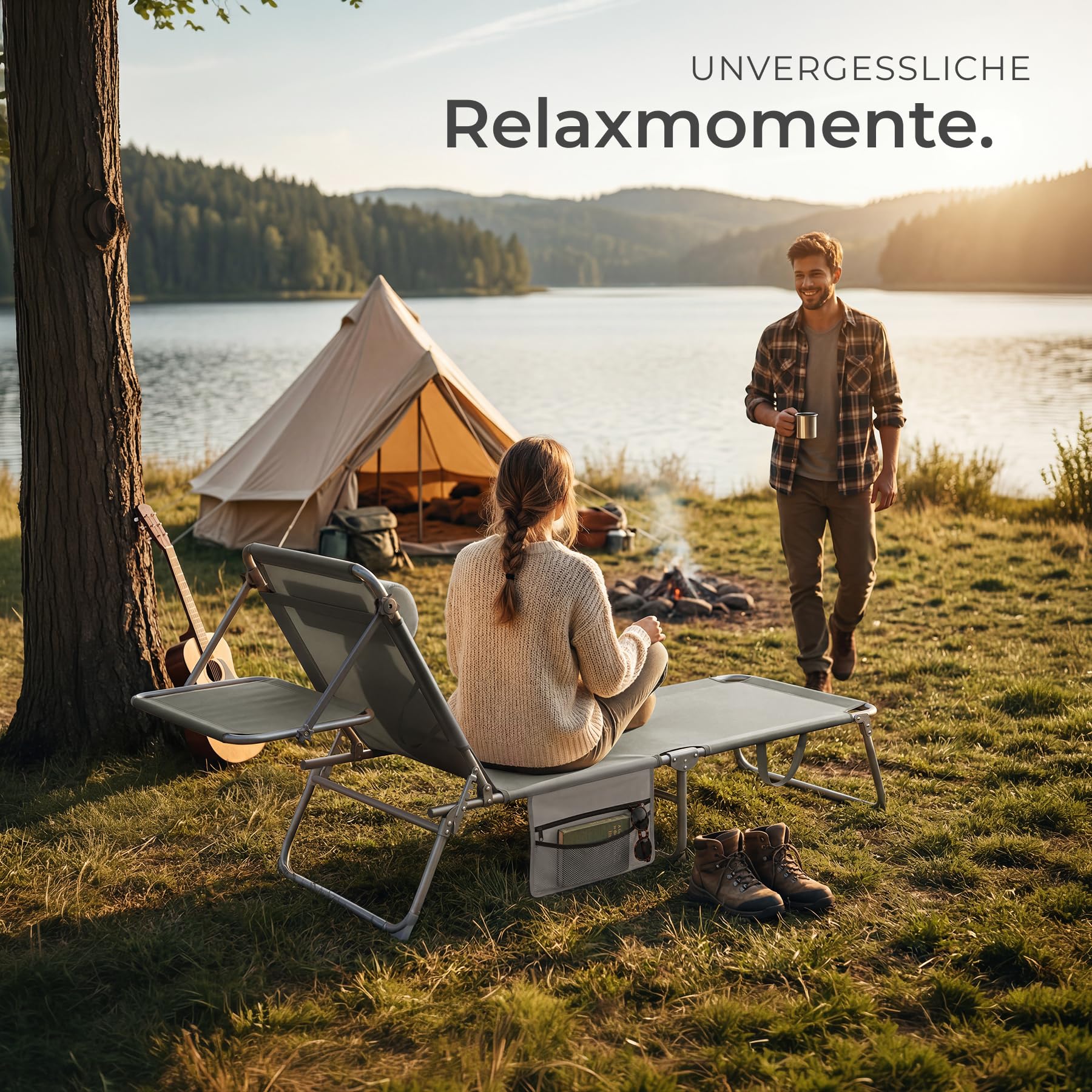 tectake® 2er Set Sonnenliege klappbar und tragbar, Liege mit Seitentasche, Strandliege, Gartenliege mit Dach, Liegestuhl mit Verstellbarer Rückenlehne, Kopfkissen - für Balkon, Terrasse (grau)