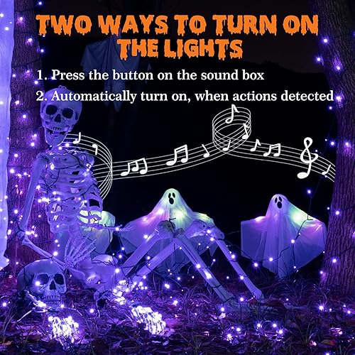 Miniatura 2 de Luces de Halloween para exteriores de 114.8 pies, 300 luces LED con sincronización de música, sonidos espeluznantes, decoraciones de Halloween,