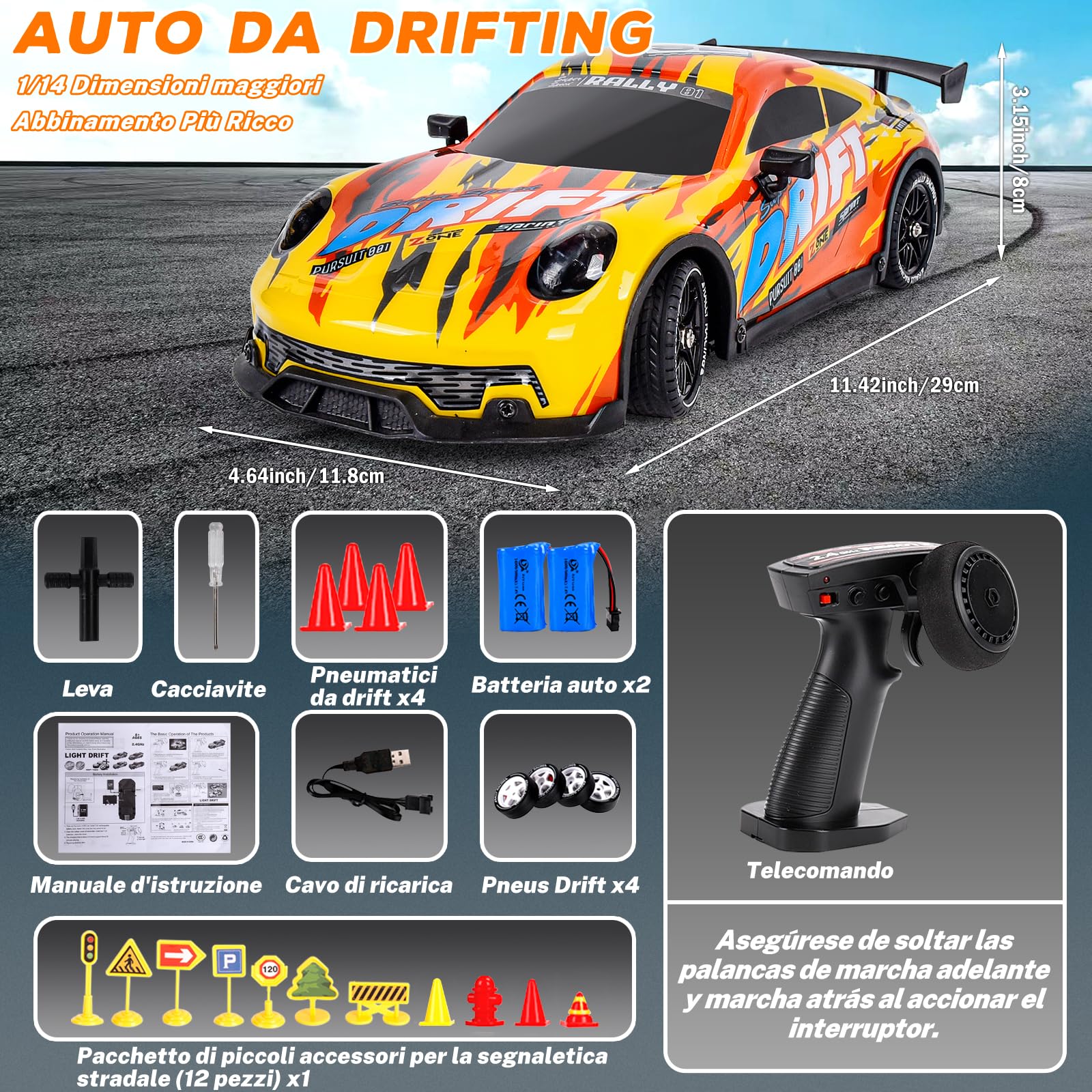 JONRRYIN Coche RC Drift, 1:14 Drift RC Car, 4WD Coche de Deriva Carreras Teledirigido con Kit Barricada, Luces LED, Radiocontrol Coche de Juguete para Adultos y Niños Mayores de 8 Años (Amarillo)