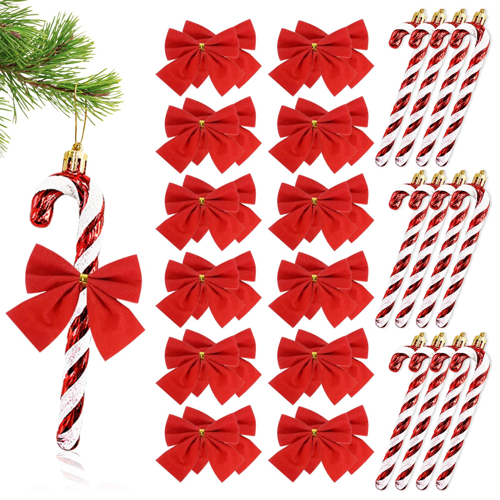 Yauoipi Red 36Pcs Christmas Decorations Glitter White Candy Canes And Small Bows, Candy Cane Christmas Tree Hanging Ornaments, Tree Decorations For Xmas New Year Party Supplies (Red)