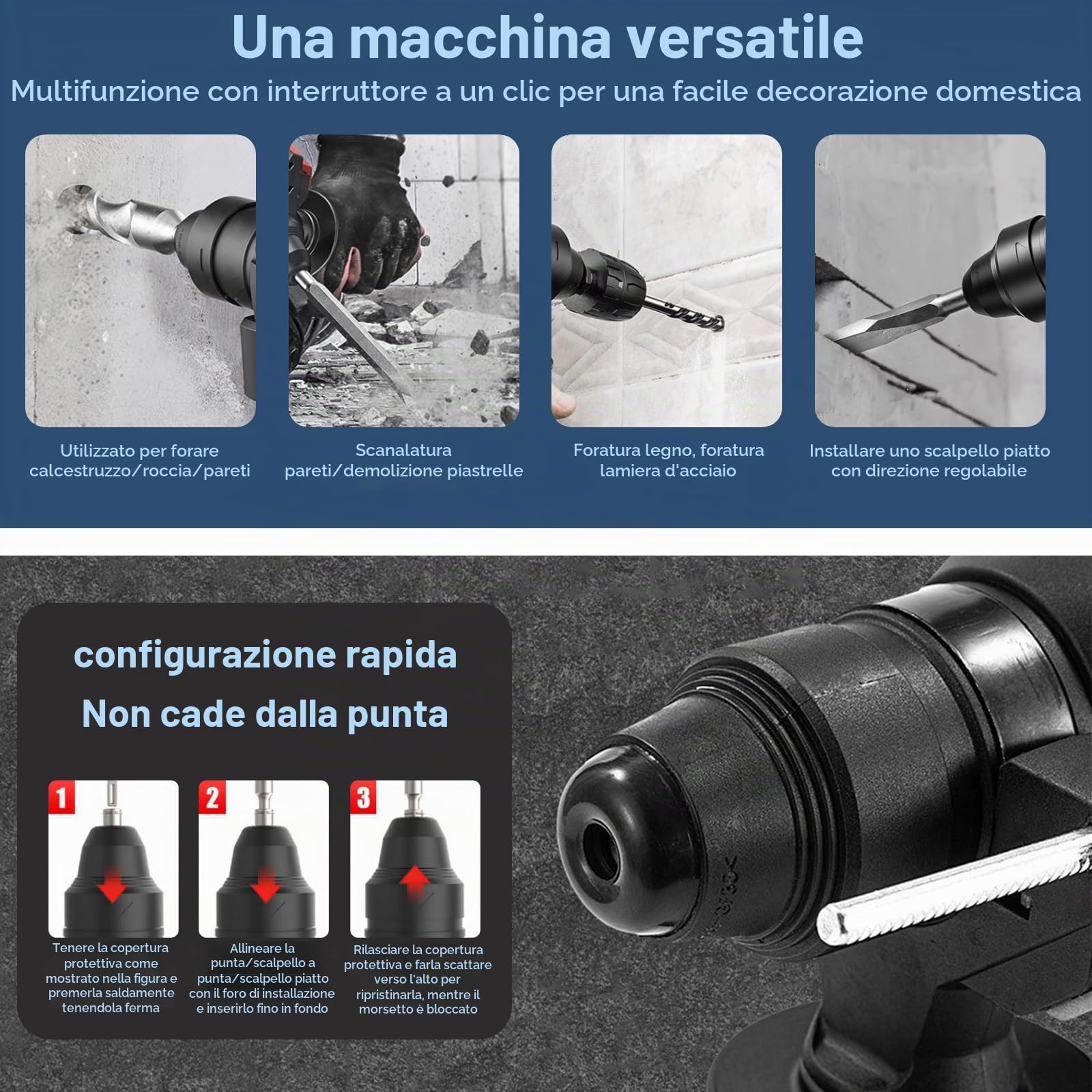 Martello perforatore professionale a batteria Mak-ita 18 V, 7.0 Joule, 4500 giri/min, 3 modalità: foratura, trapano a martello, scalpello, motore brushless, martello con set di 6 scalpelli (senza