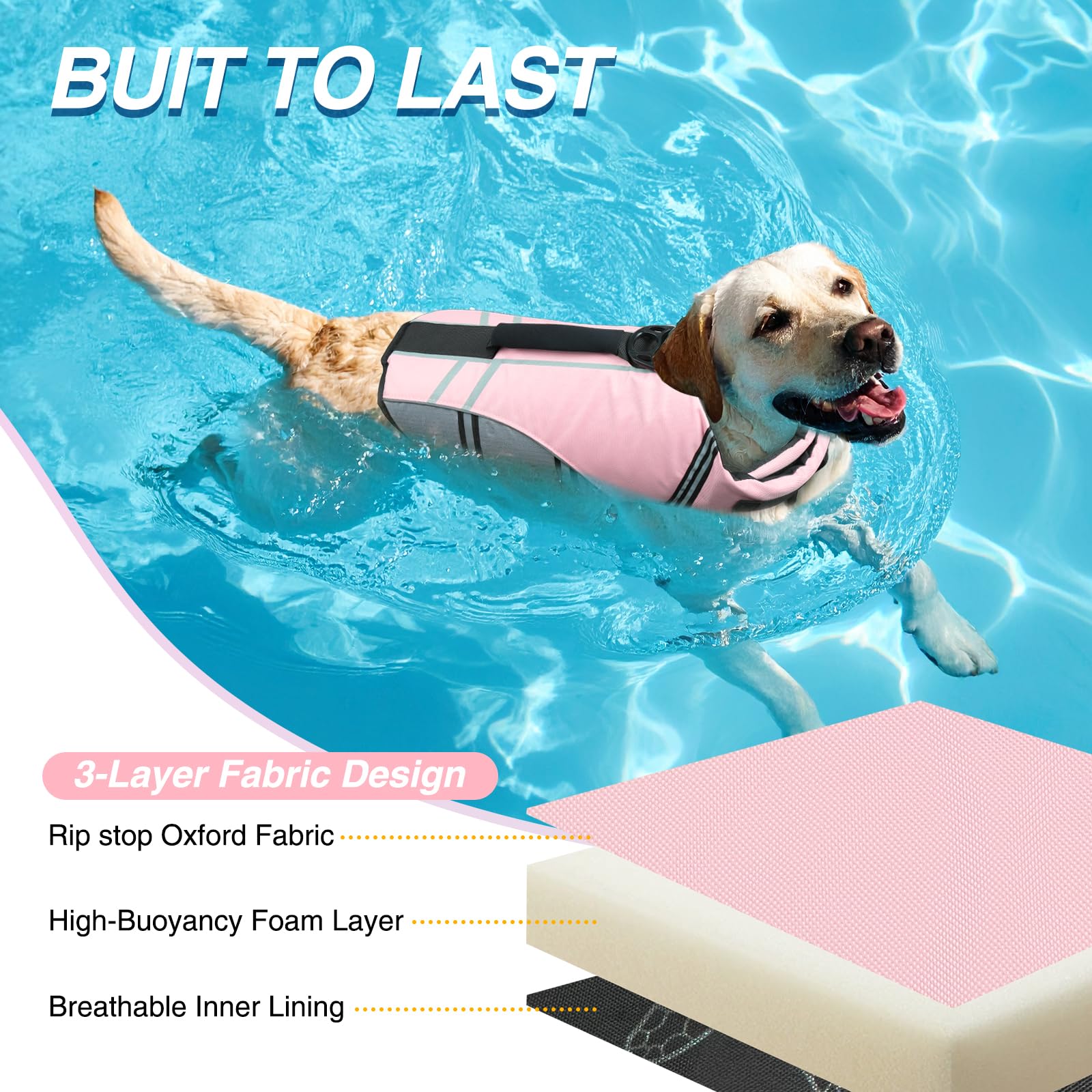 VIVAGLORY Chaleco Salvavidas de Estilo Deportivo para Perros con Flotación Adicional, Chaleco de Natación Ajustable y Duradero para Perros Grande, Rosa Sakura | Chaleco salvavidas con anillo de correa y asa para nadar y navegar, reflectante ajustable para