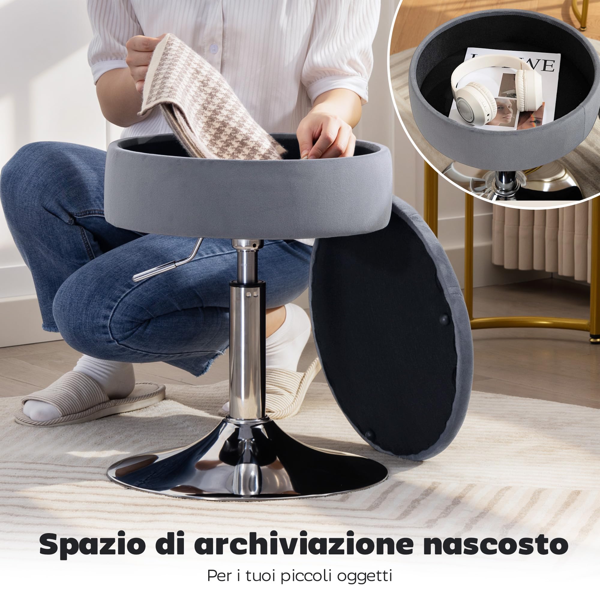 HOMCOM Sgabello da Bar con Altezza Regolabile e Vano Contenitore, Grigio