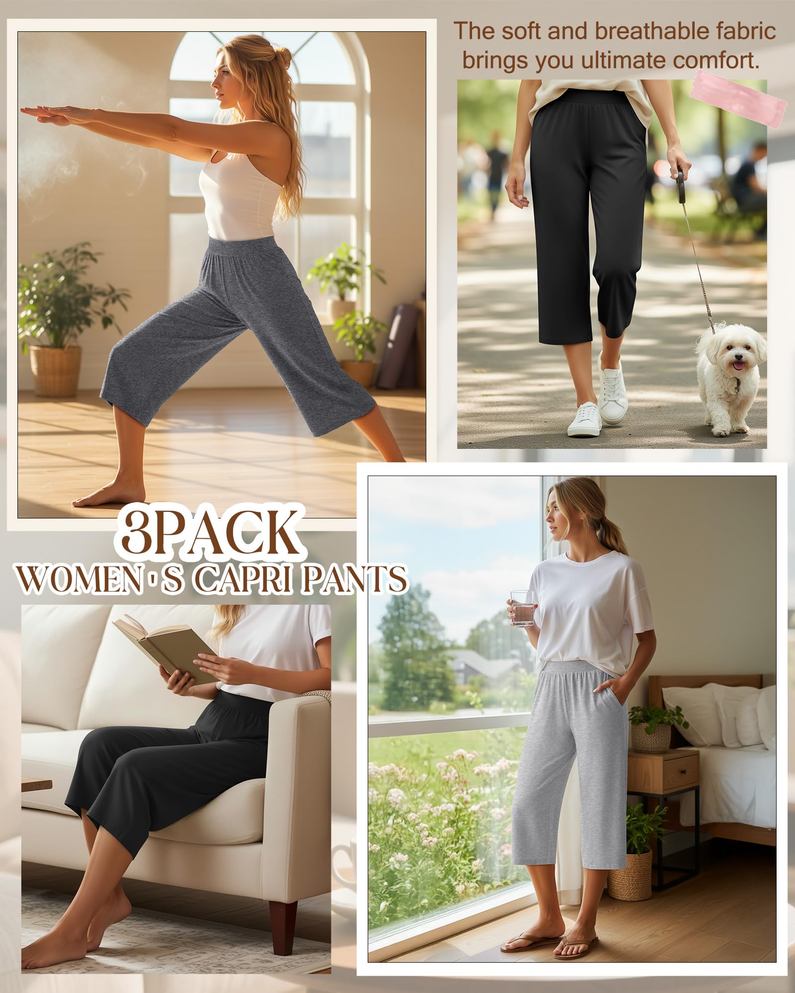 Geyoga 3er-Pack Damen Capri-Jogginghosen, Weites Bein, Kurze Caprihose mit Taschen, Bequeme Loungewear, Jogginghose