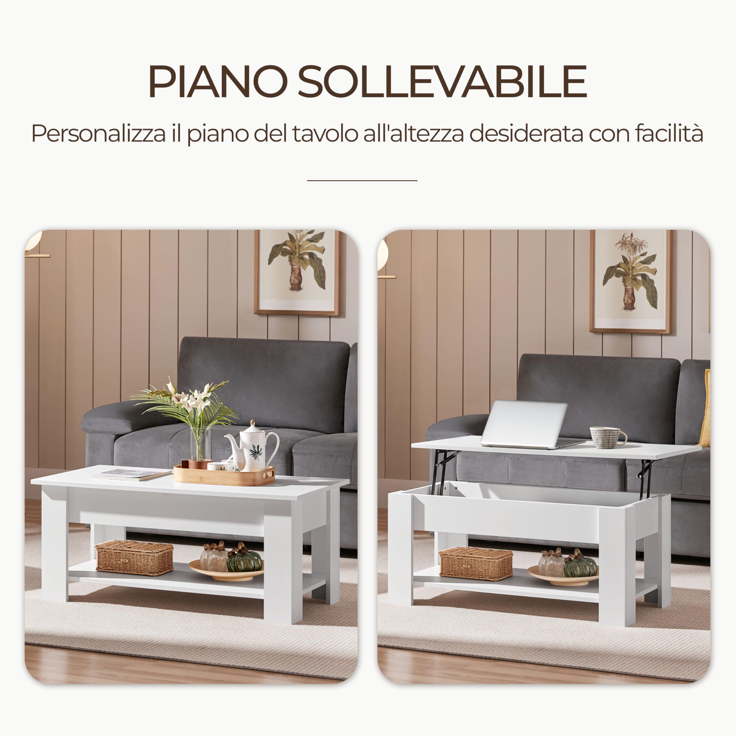 Yaheetech Tavolino da Caffè sollevabile Tavolo Moderno Elevabile da Salotto Divano Caffè con Ripiano Inferiore 98 x 50 x 42-56 cm Bianco
