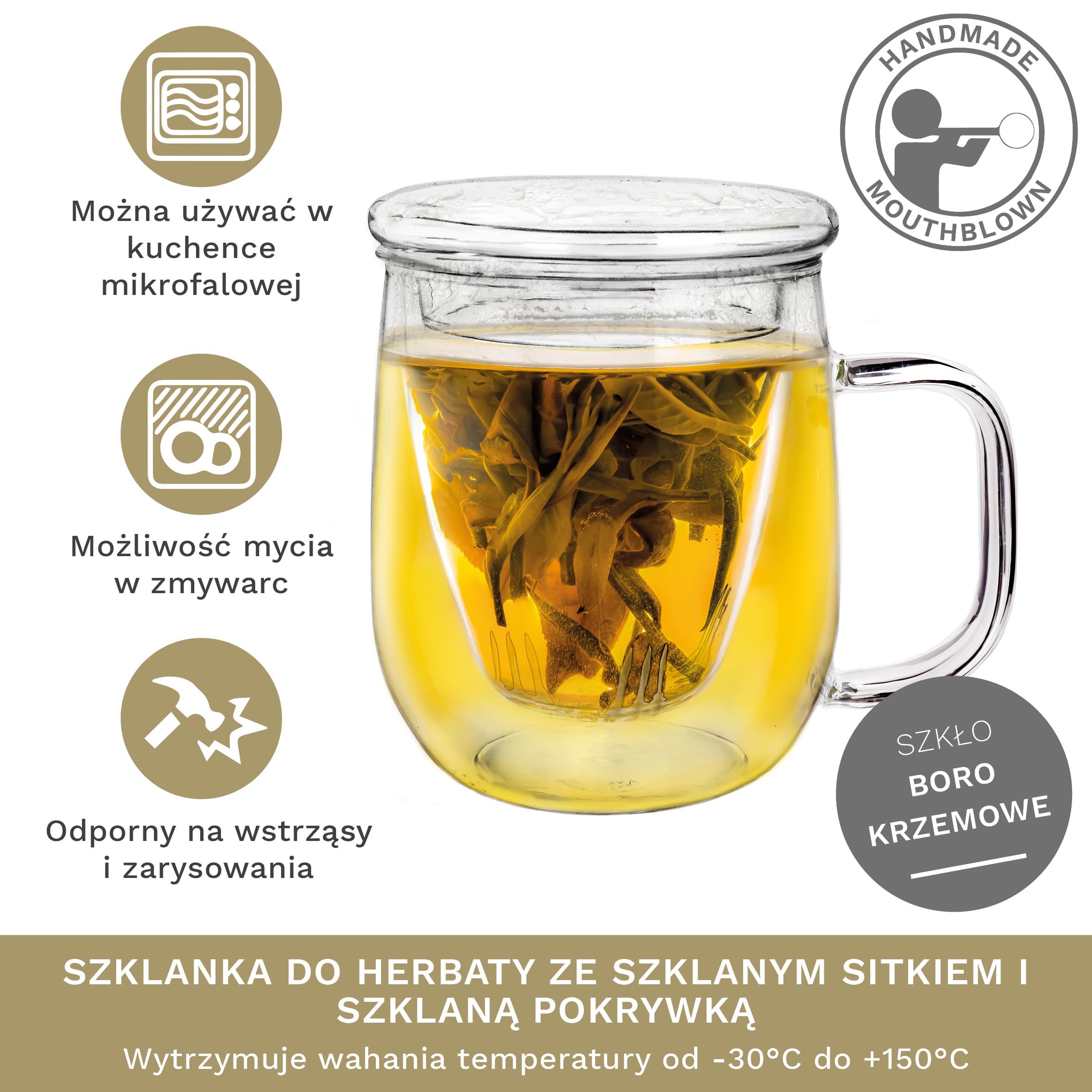 Creano Szklanka Herbaty 450 ml – Duża Filiżanka z Sitkiem i Pokrywką ze Szkła – Idealny Zaparzacz