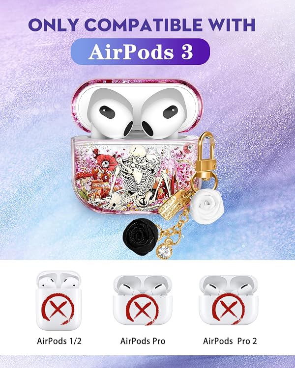 Coralogo for Airpods 3rd Generation Case - Quicksand Liquid Cute Kawaii Mujer Girl Women Aesthetic Cover Sparkling Sparkle Glitter Bling Skull Mushroom Keychain Girly for Airpods 3 Case by Coralogo - Used condition - US$8.42