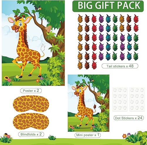 Miniatura 2 de ASTARON 2 juegos de Pin The Tail on The Giraffe para Safari Jungle Animal Party Game Zoo-temática suministros de fiesta de cumpleaños, 2 carteles de