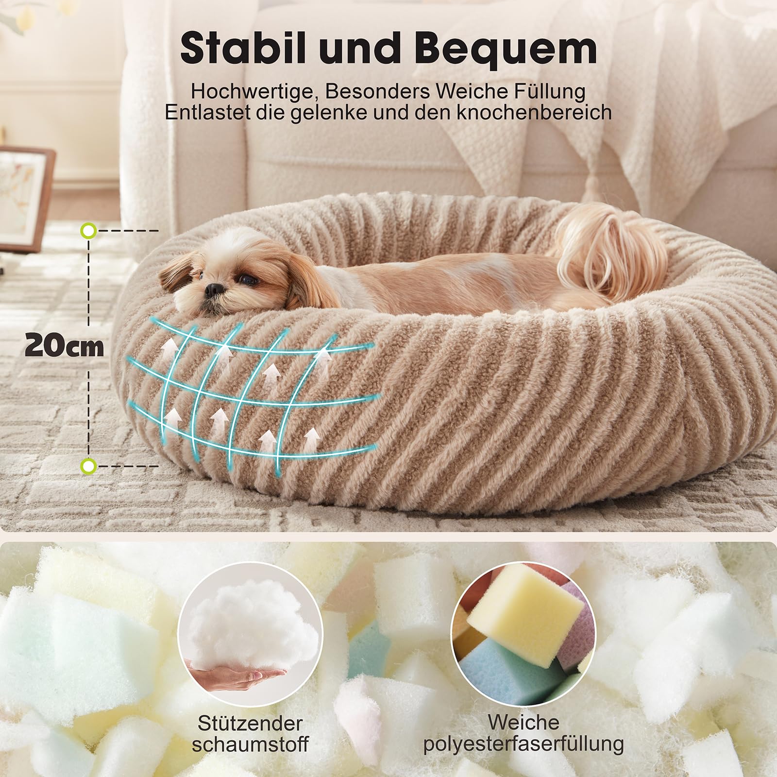 Pawk Panier Chien Rond, Panier Chat Donut Confortable, Lit Chien Lavable avec Fond Antidérapant, Paniers pour Chiens et Chats en Peluche Lmitation Lapin & Polaire Teddy, ø76 cm, Marron
