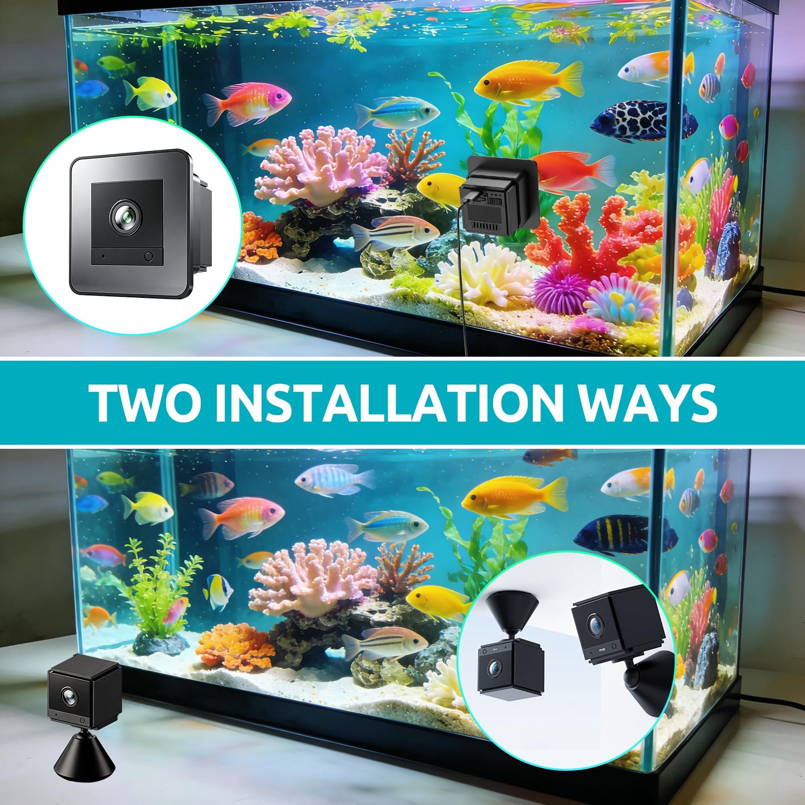 JAOGAUS Cámara de Acuario,Cámara WiFi para Mascotas, Terrario 2K HD, Gran Angular de 140°, grabación de 24 Horas para Peces y Reptiles.