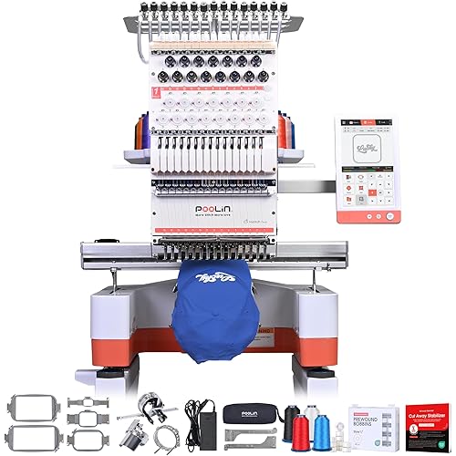 PooLin EOM 15 Needles Embroidery Machine,14.2"×9.5",Embroidery for Hats,Caps,Patches,Sweatshirts,Beginner-Friendly,9" Touch,1200 SPM,Auto Color Change & Trim,Wi-Fi/USB,Includes Digitizing Software