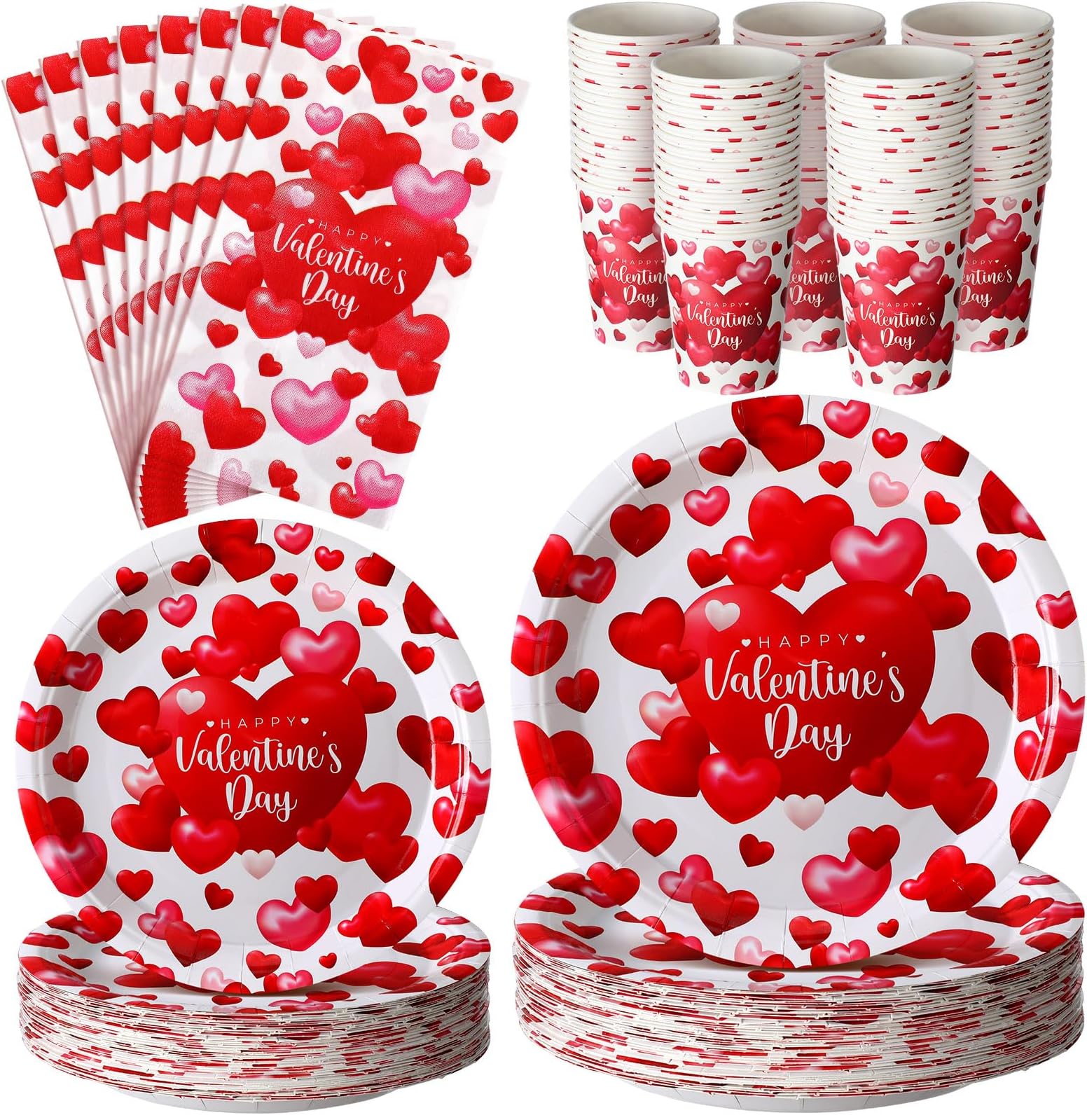 Sliner 200 Pcs Valentine's Day Party Supplies Dinnerware Set Include 50 Paper Dinner Plates 50 Dessert Plates 50 Disposable 9 oz Cups 50 Napkins for Valentine's Day Tableware