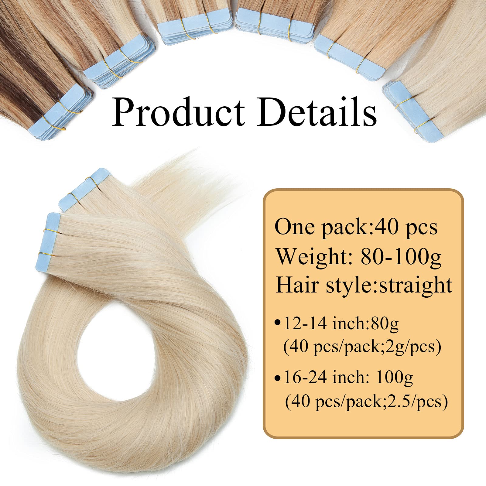 SEGO Extension Adhesive Cheveux Naturel Blonde - Bande Adhesive Extension Cheveux Adhesifs - Extension Cheveux Humain Adhesive - 40cm (40Pcs) 60#Blond Platine 100g (2.5g/Pièces)