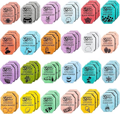 Wonder Wafers - Ambientadores para automóvil, paquete variado de 72 ambientadores de coche envueltos individualmente, 24 aromas (paquete de 72, 24