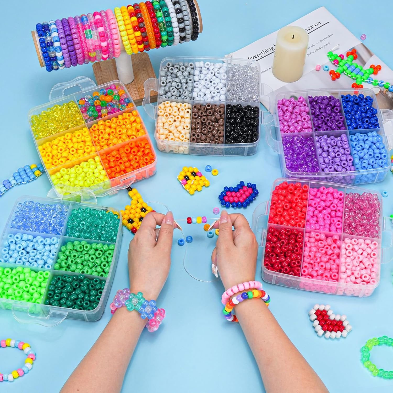 Gionlion 6000+ PCS Pony Beads 30 Assorted Colors Includes Glow in the Dark Bead, Kandi Beads for Jewelry Making, Friendship Bracelet, 6x9mm Hair Bead for Braids in Shock Resistant Packaging