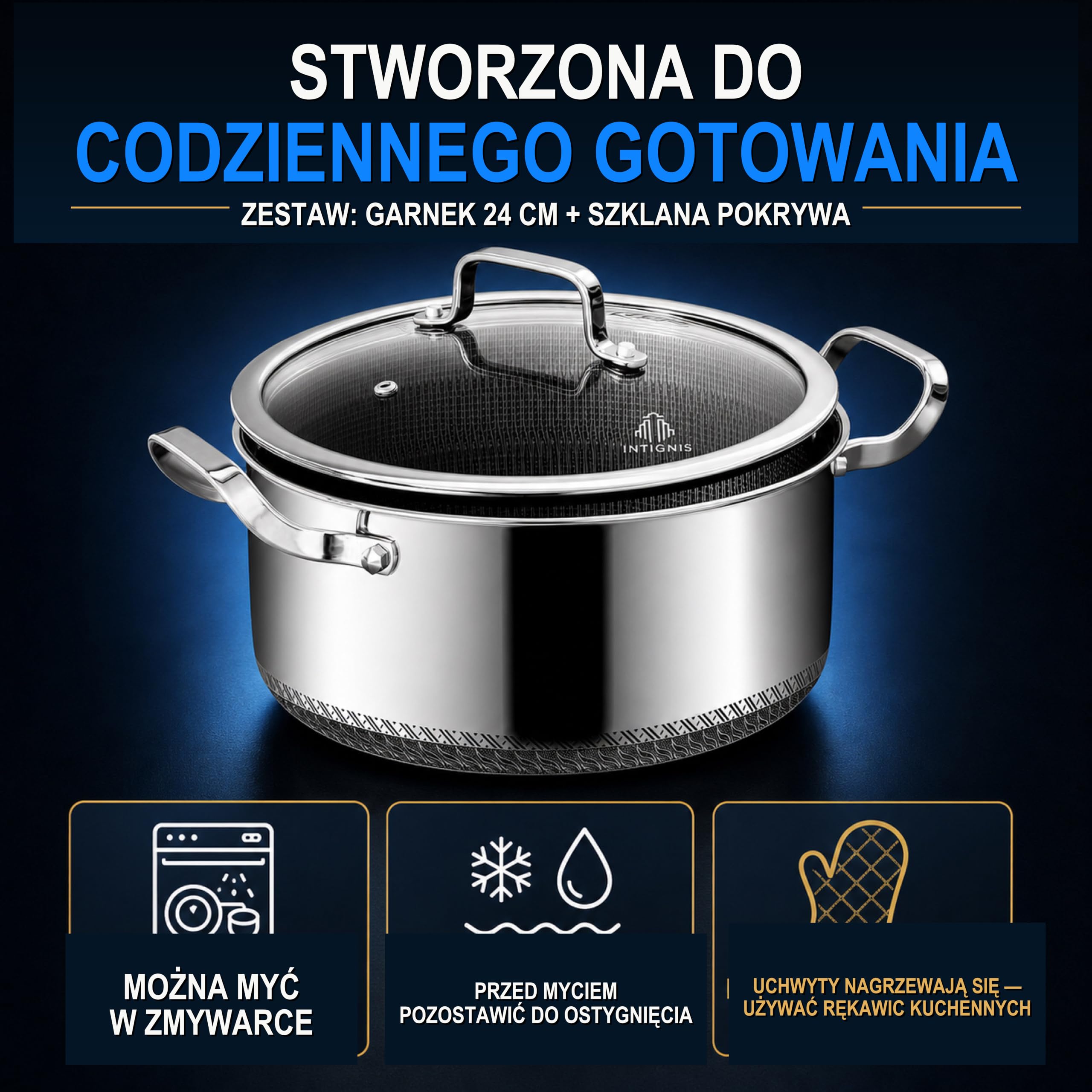 INTIGNIS Trójwarstwowy garnek ze stali nierdzewnej, 24 cm, 5 l, hybrydowa, nieprzywierająca, indukcyjna i kuchenna, nadaje się do piekarnika, ze szklaną pokrywką, gruba podstawa bez PFOA, naczynia