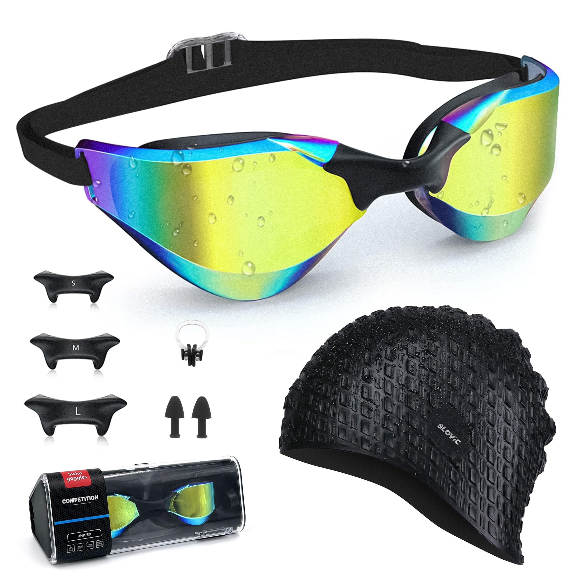 SLOVIC Black Swimming Goggles with Black Embossed Swimming Caps for Men & Women with Detachable Silicon Nose Bridge | Free Size Cap, Polarized UV-Protected Anti-Fog Glasses with Ear Plugs & Nose Clip (B0CBPFCL5L) Amazon Price History, Amazon Price Tracker