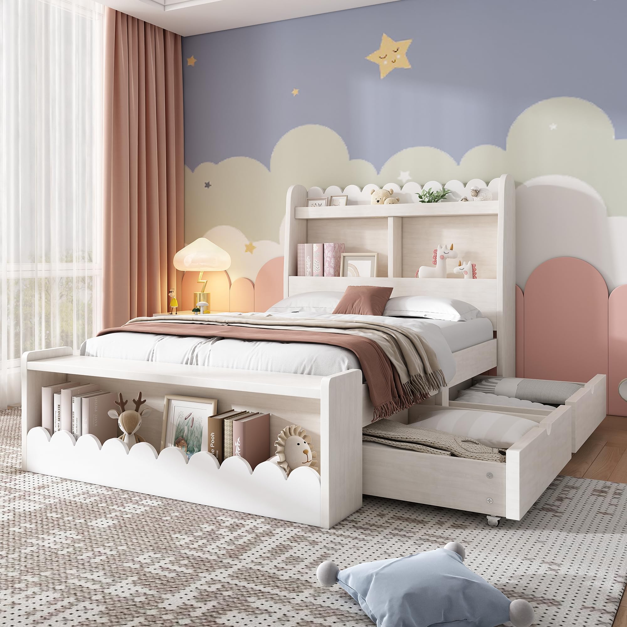 Cama individual de 90 x 190 cm, con cajones, estantería y banco con almacenamiento, cama de madera, marco de cama y somier de madera, color blanco con color roble (sin colchón)